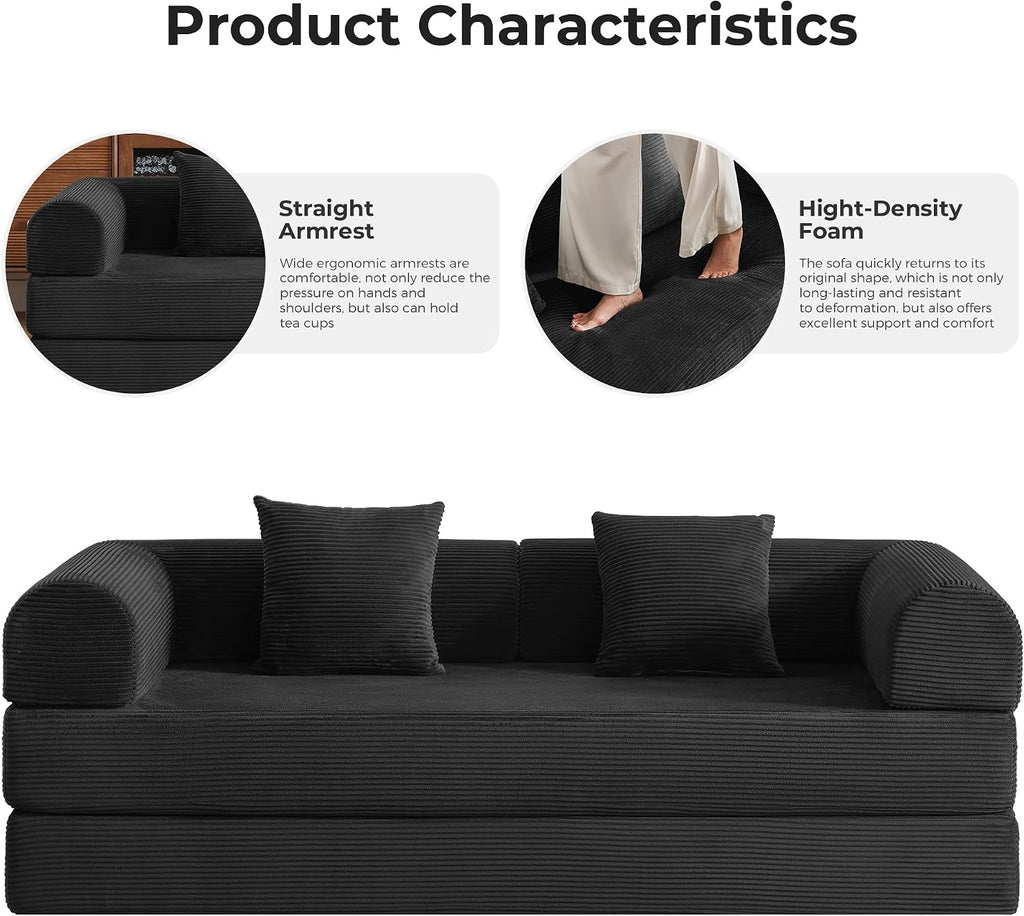 5-in-1 Convertible Sofa Bed No Assembly, 79' Fixed Steel Frame Sleeper with High-Resilience Foam, Corduroy Modular Couch Foldable for Small Space, Apartment, Studio (Black)