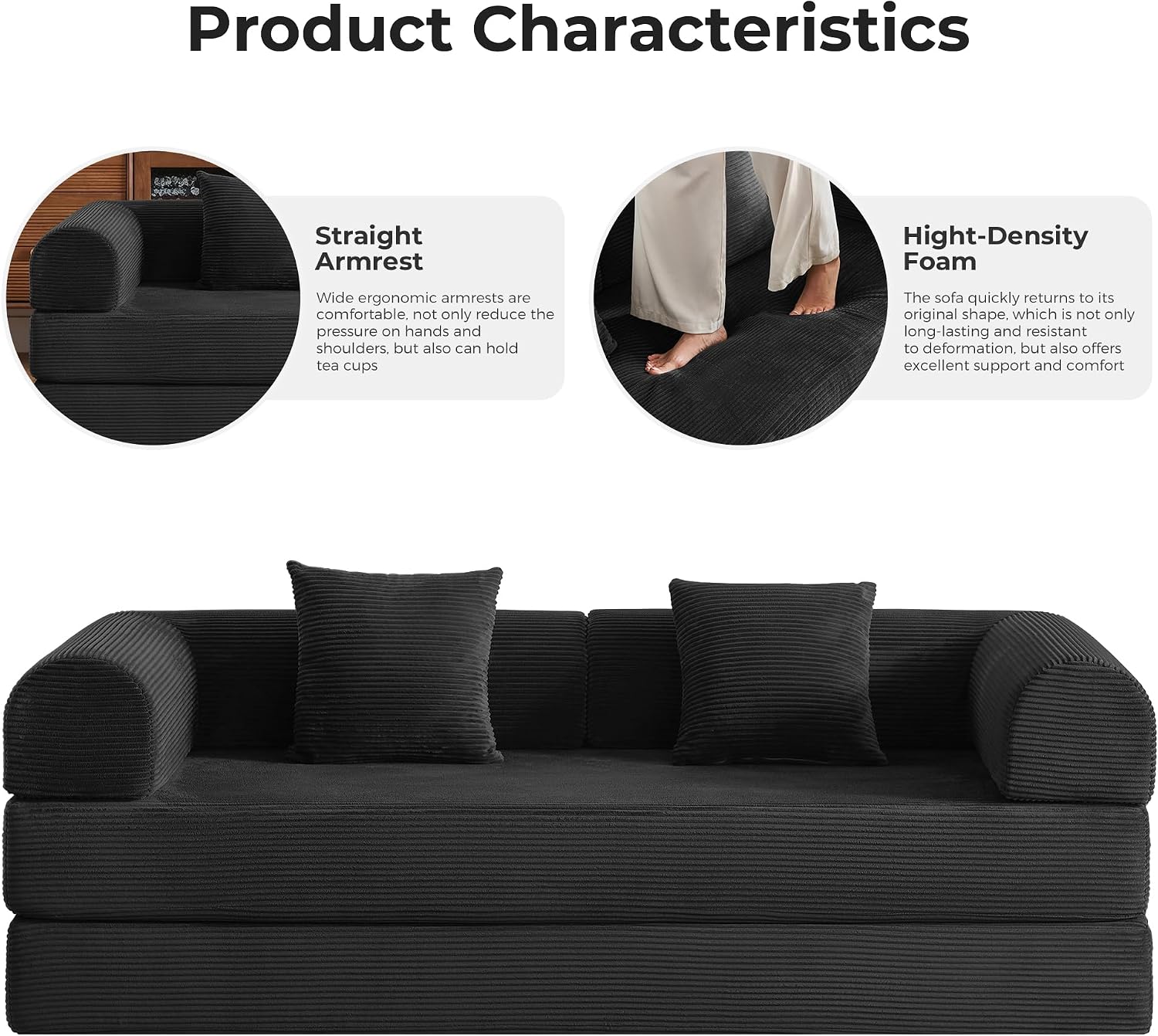 5-in-1 Convertible Sofa Bed No Assembly, 79' Fixed Steel Frame Sleeper with High-Resilience Foam, Corduroy Modular Couch Foldable for Small Space, Apartment, Studio (Black)