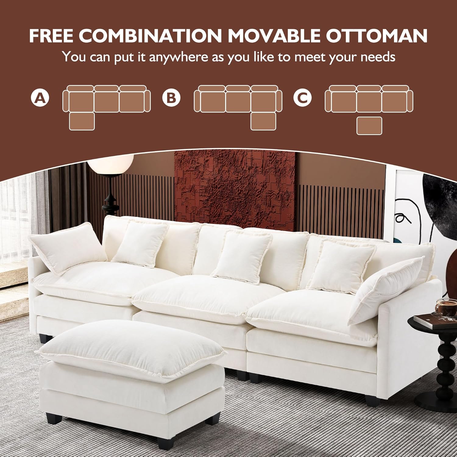 Ihanherry 111.4' L Shaped Modern Sofa Modular Sectional Cloud Couch with Ottoman, 4-Seat Chenille Deep Seat Sofa with Pillow for Living Room, Bedroom and Apartment, Beige