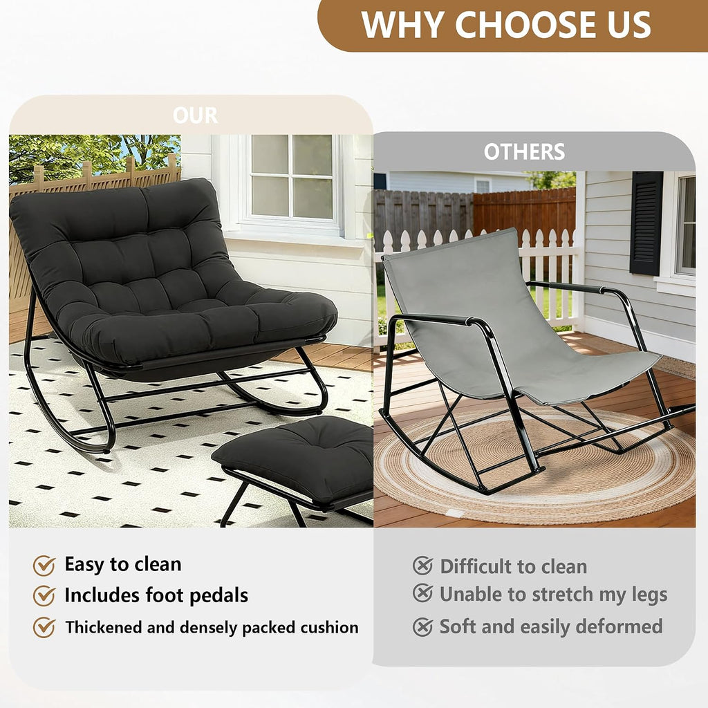Outdoor Rocking Chair with Ottoman, Comfy Oversized Papasan Chair, Modern Upholstered Egg Gliders, 300 Lbs Wide Recliner Lounge Rocker for Bedroom, Living Room, Patio, Porch, Balcony(Black)