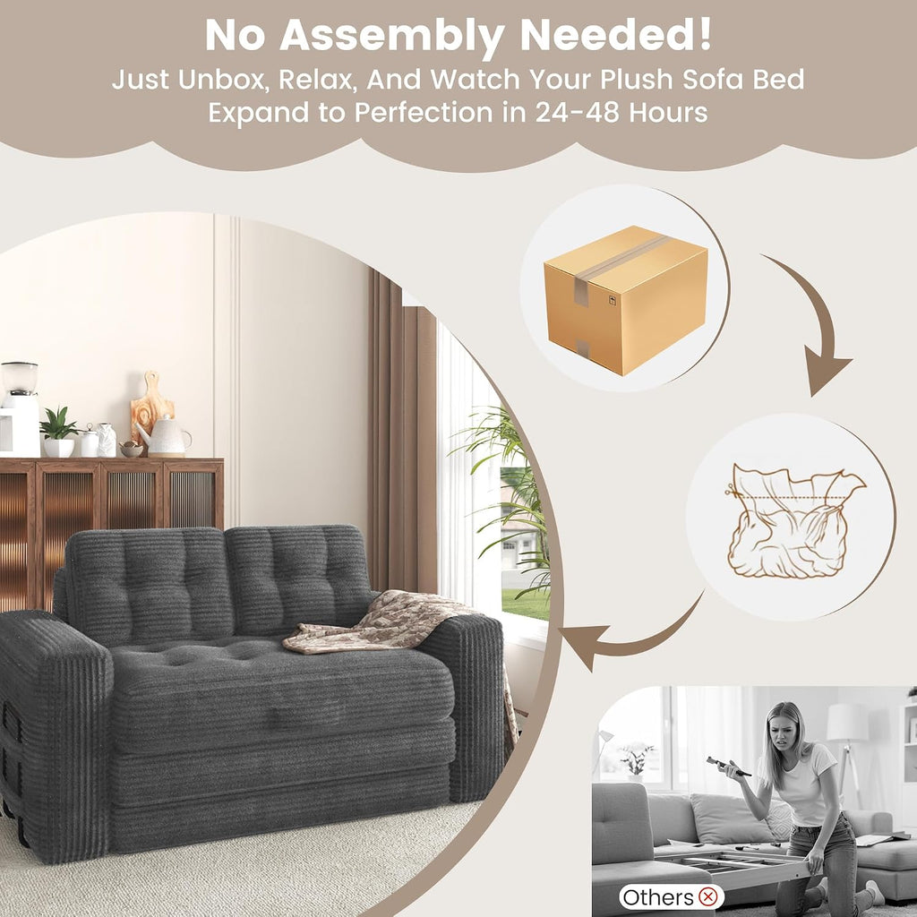 Convertible Sofa Bed, 2 in 1 Boneless Couch Bed with 2 Pillows, Corduroy Pull out Couch Folding Sofa Bed with Deep Seat, Small Loveseat Sleeper Sofa Bed in a Box for Small Spaces, No Assembly Required
