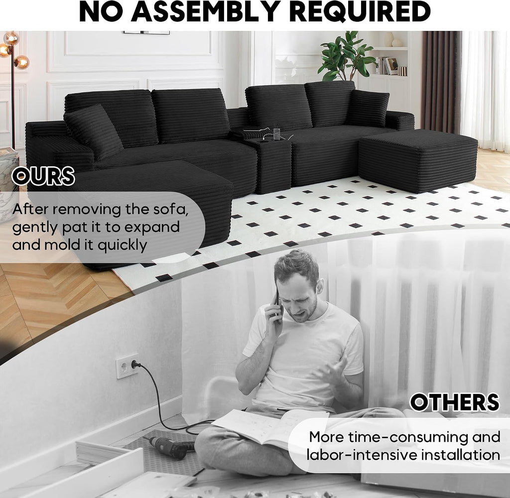 125 Inch Modular Sectional Sofa, Modern Oversized Corduroy Cloud Couch with 2 Ottomans, Cup Holders and USB Ports, U Shape Couch Boneless Couches for Living Room, No Assembly Required, Black