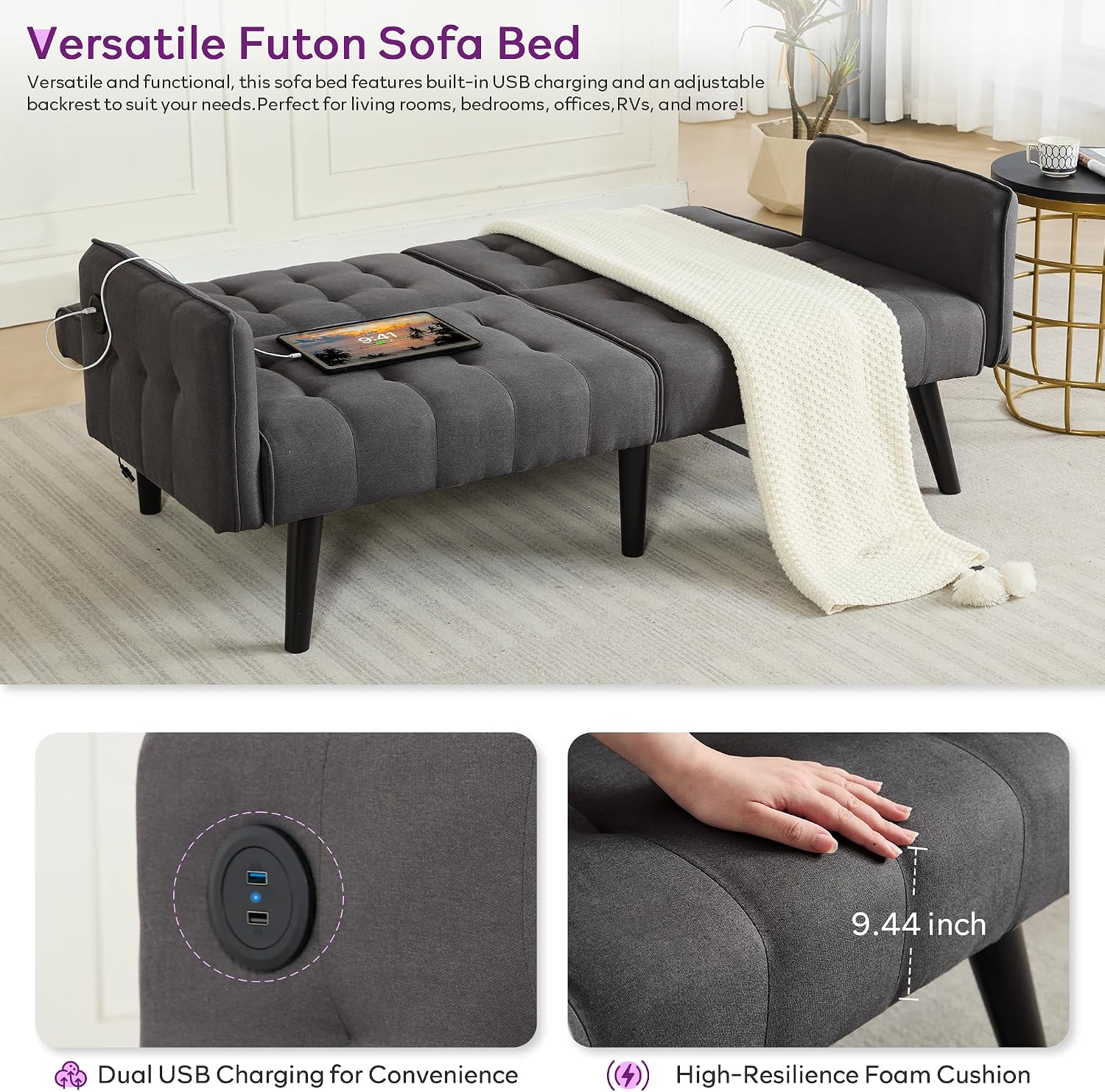 TYBOATLE 65' Convertible Futon Sofa Bed w/ 2 USB, Upholstered Tufted Small Adjustable Folding Couch Loveseat, Modern Mid Century Sleeper Sofa for Living Room, Bedroom, Apartment, Office (Dark Grey)