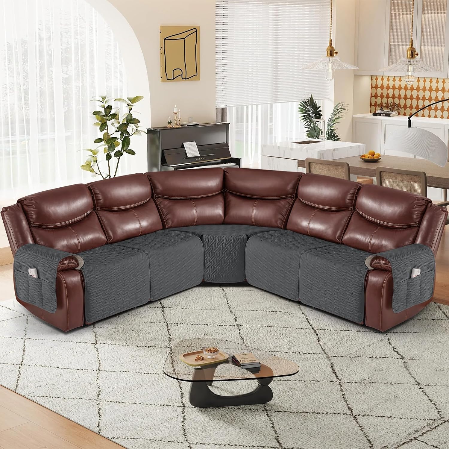 KinCam Waterproof Recliner Sectional Couch Covers, Oversized Reclining Sofa Covers for L Shape Couch, Non Slip Couch Cover for Sofa Washable Slipcover (5 Seat Recliner Cover, Charcoal Gray)