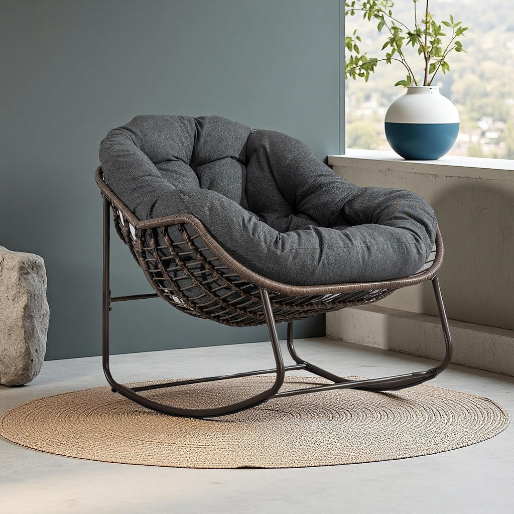 Oversized Papasan Rocking Chair, Indoor & Outdoor Egg Rocker with All-Weather Hand-Woven Rattan & Rust-Proof Steel Frame for Porch, Patio, Living Room (Linen-Like, Dark Grey)