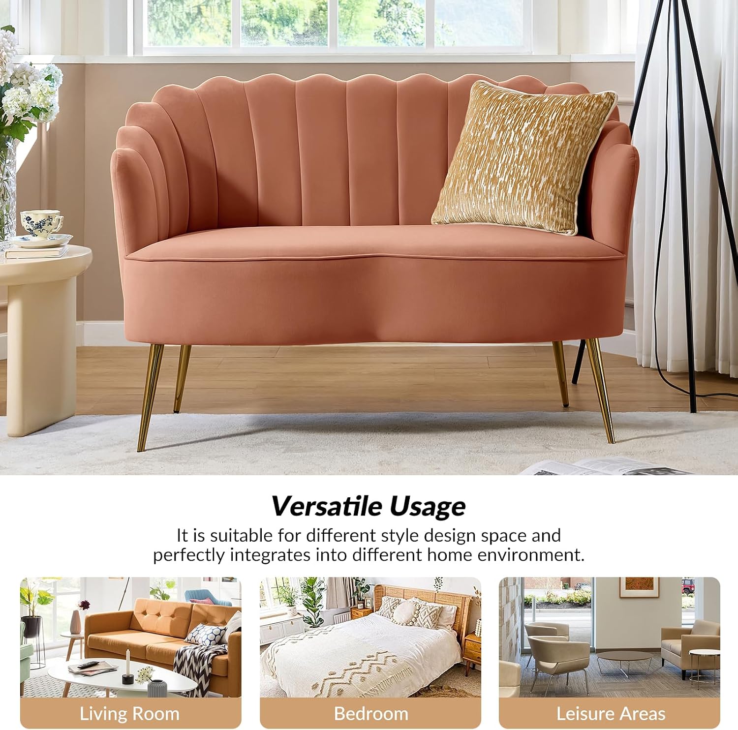 HULALA HOME Modern Velvet Loveseat Sofa with Flower Shaped Back, Comfy Upholstered 2-Seater Sofa with Gold Metal Legs, Small Love Seat Accent Couch for Living Bedroom Leisure Areas, Coral