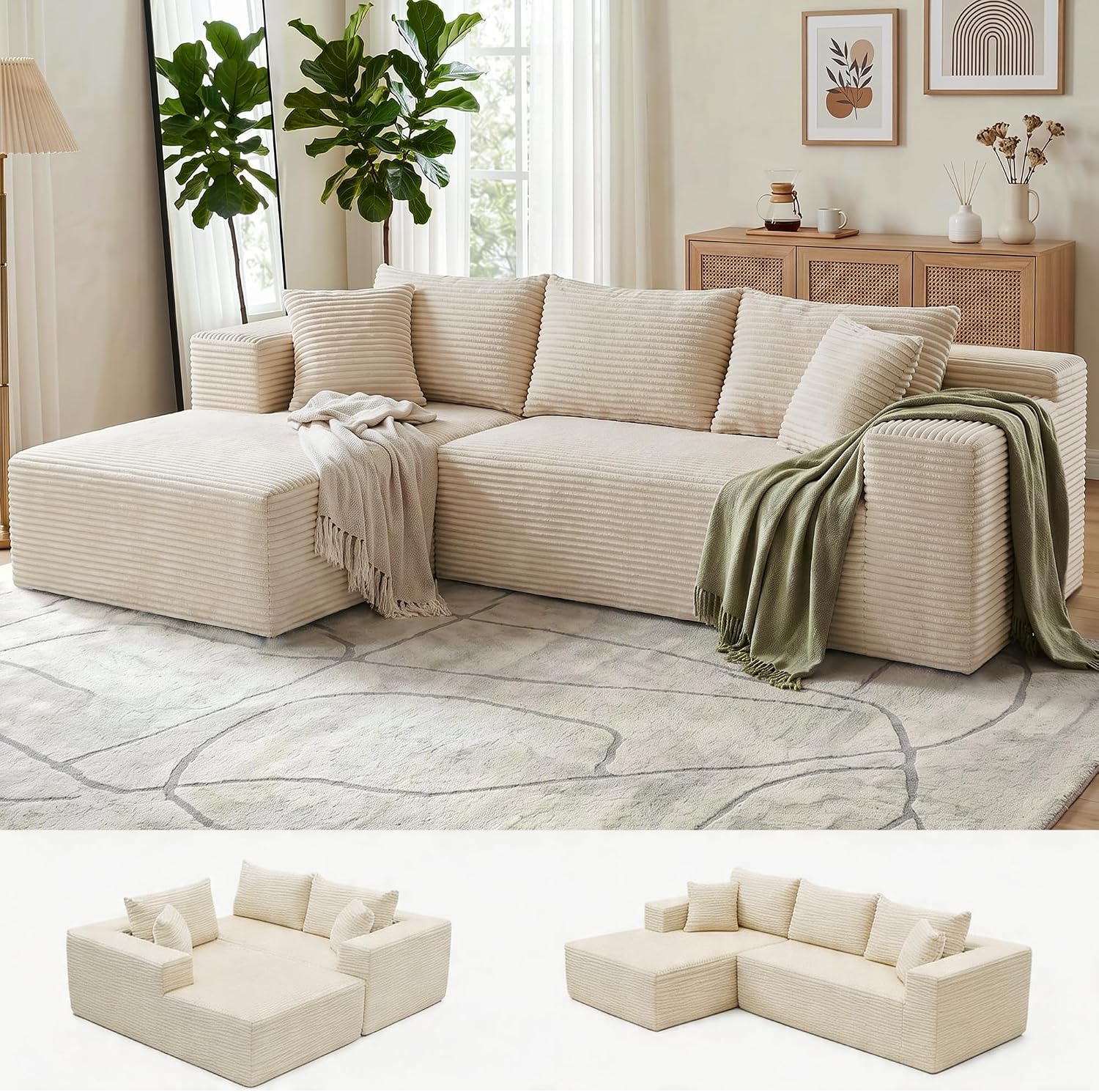 Bashaw 108' Modular Sectional Sofa Couches with Chaise, L-Shape Boneless Couch Deep Seat Upholstered Boneless Sectional Couch for Living Room (Beige, 108' Left Facing Chaise)