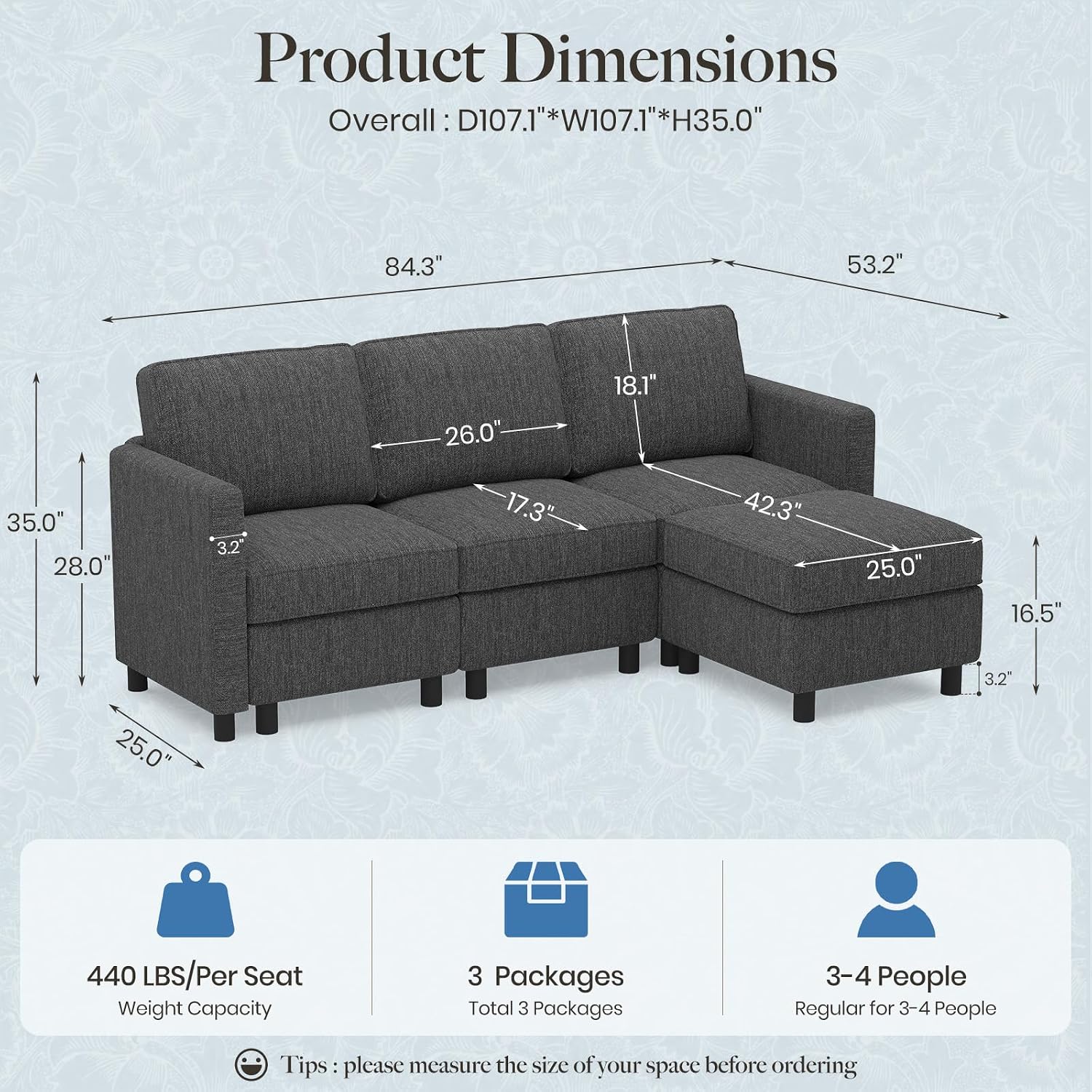 Belffin 84.3' 4 Seats L Shaped Couch Modular Sectional Sofa Washable Sectional Couches for Living Room Comfy Couches with Storage Seat Couch Sofas with Chaise,Dark Grey