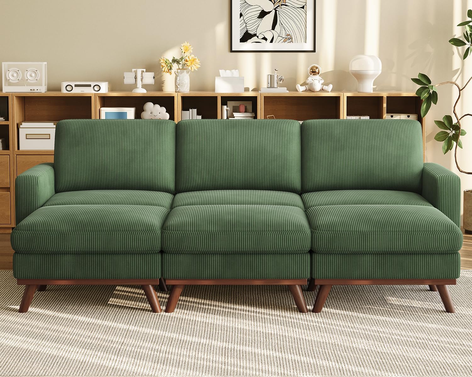 Vesgantti 97' Modular Sectional Sofa Green, Sectional Couch with Movable Ottoman, Comfy Corduroy Couch with Spring Cushion, Modular Sofa with Deep Seat for Living Room, Bedroom and Apartment