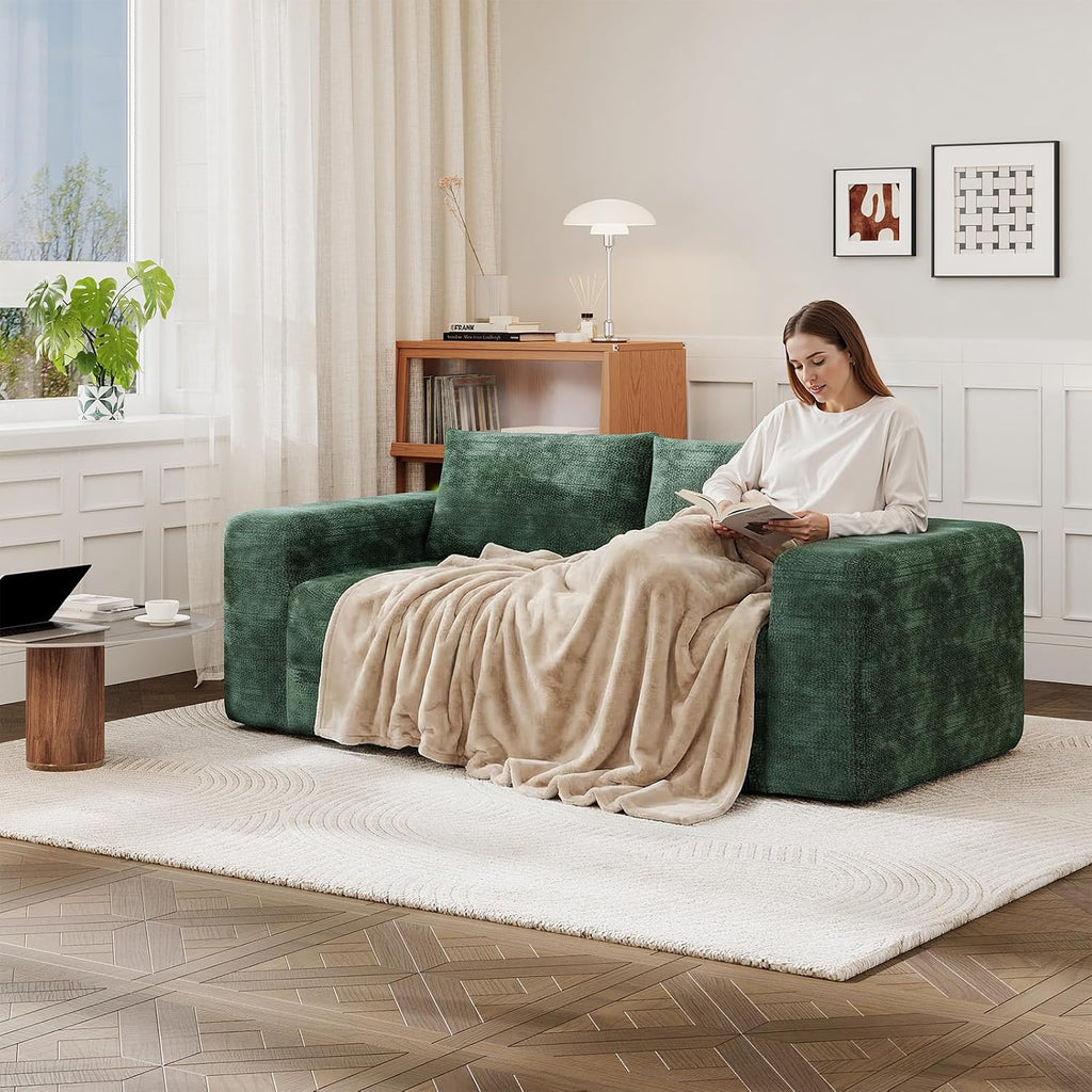 EROMMY 76'' Boneless Couch, 3 Seater Cloud for Living Room, Oversize Loveseat Sofa with Wide Armrest and 2 Back Support, No Assembly Required Chenille Soft Sofa, Dark Green