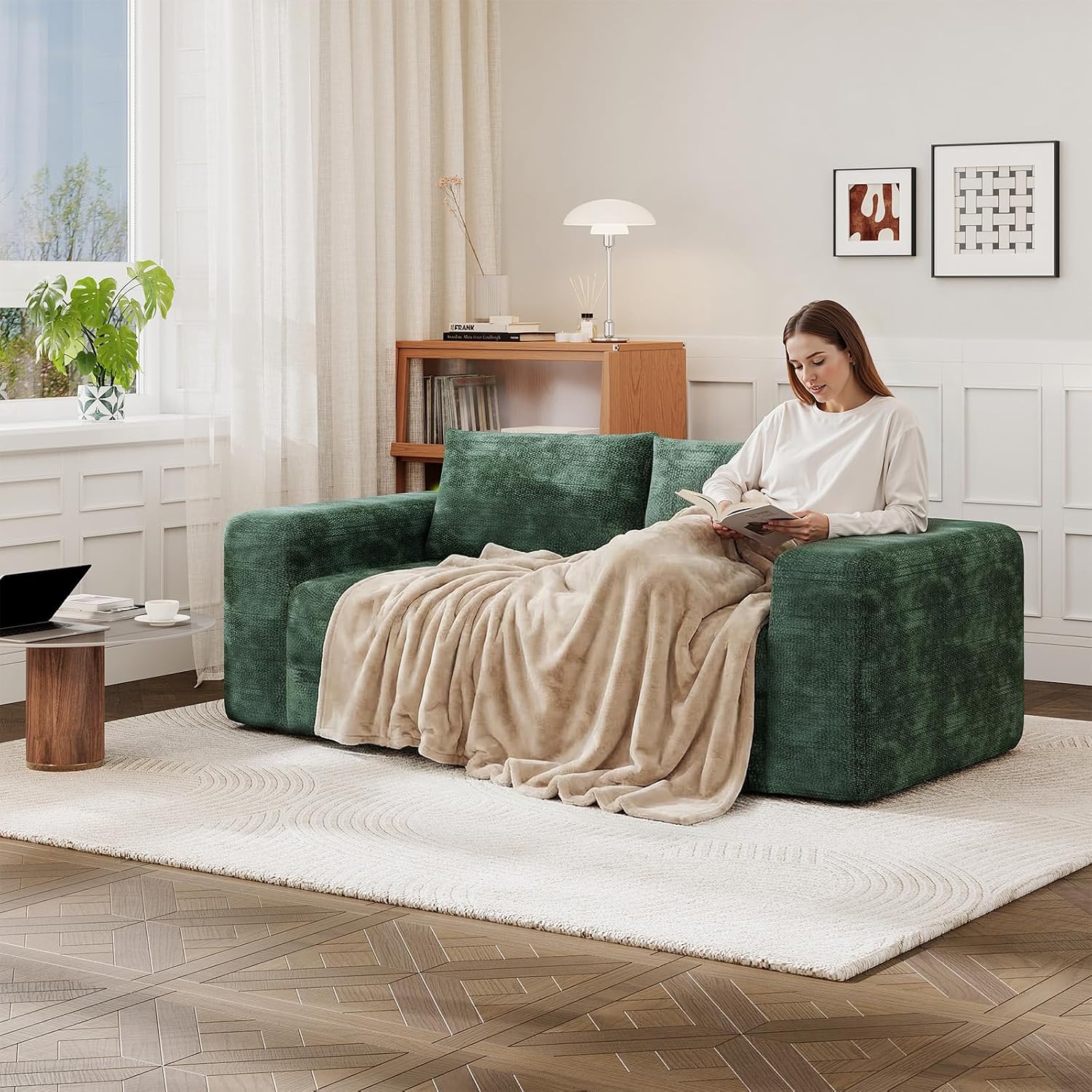 EROMMY 76'' Boneless Couch, 3 Seater Cloud for Living Room, Oversize Loveseat Sofa with Wide Armrest and 2 Back Support, No Assembly Required Chenille Soft Sofa, Dark Green