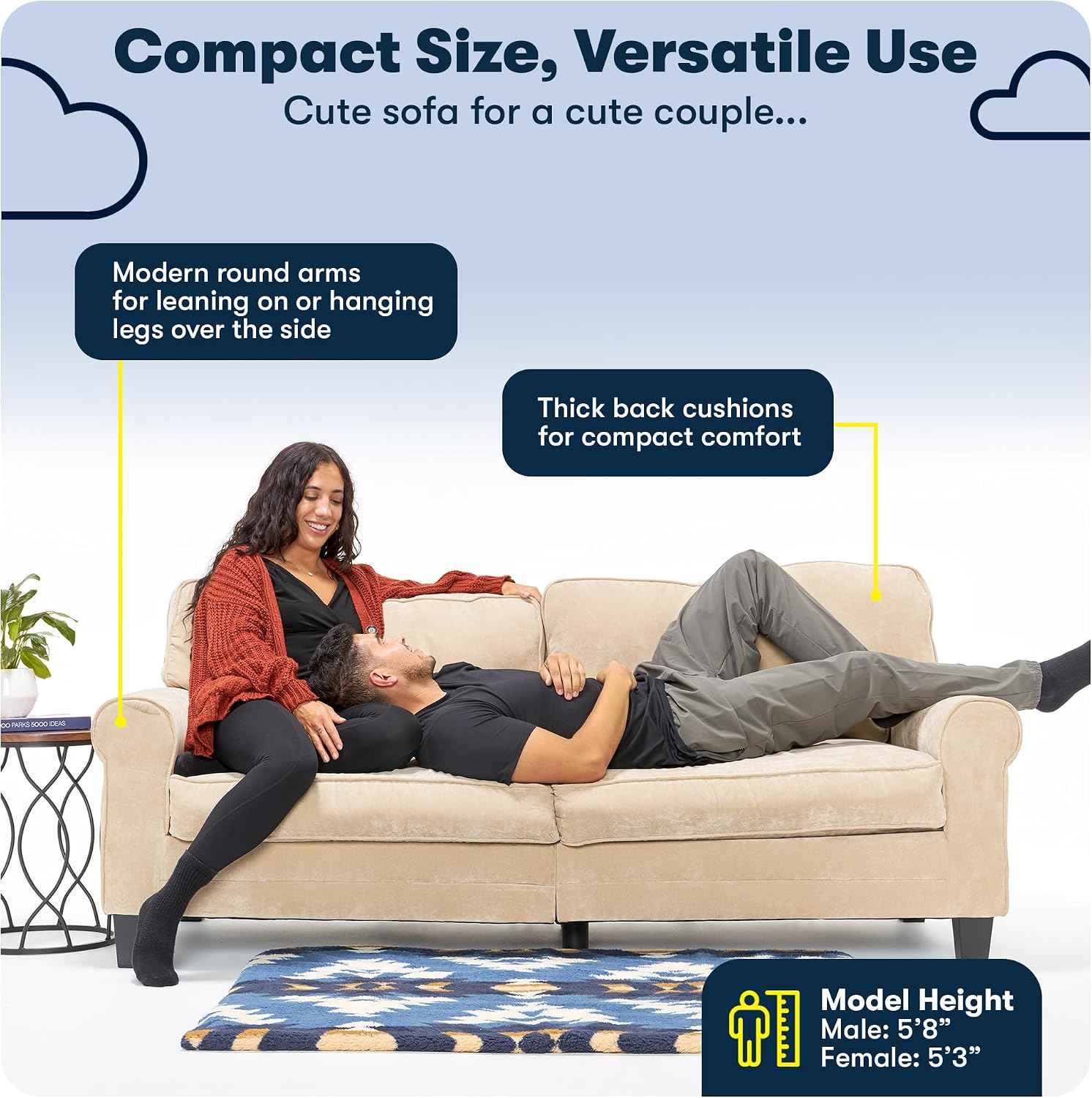 Serta Copenhagen 78' Rolled Arm Sofa, Easy Care Polyester, Soft Pillow Back, Pocket Coil Seat Cushions, Removable Covers, Loveseat or Couch for Small Spaces, Living Rooms or Bedrooms, Brown