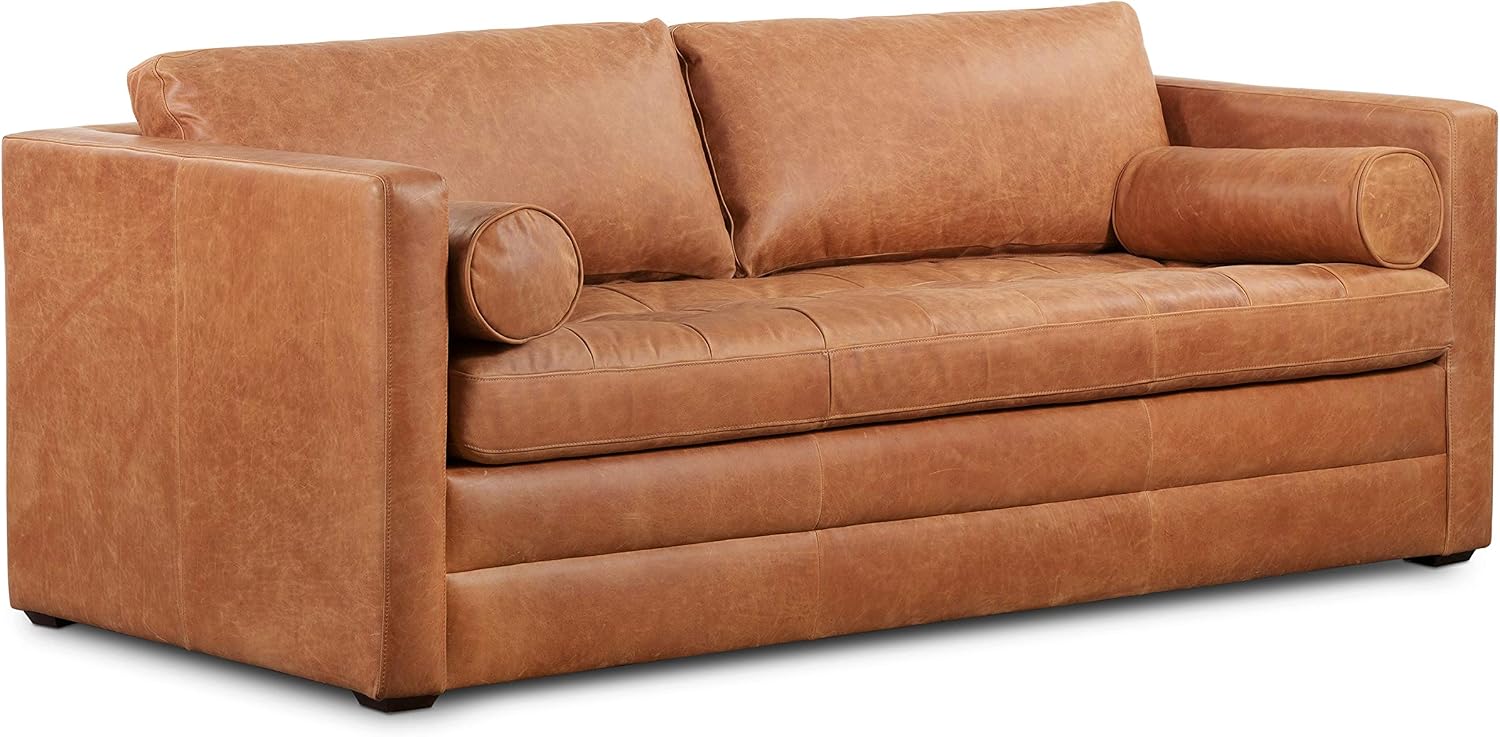 POLY & BARK Napa 82' Leather Pull‑Out Sleeper Sofa – Full‑Grain Italian Leather Upholstery,Tri‑Layer Mattress & Storage Console –Sophisticated Multi‑Functional Sofa Bed for Living Rooms & Guest Spaces