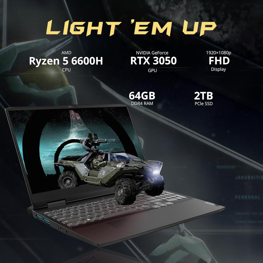 LENOVO IdeaPad Gaming 3 Gaming Laptop, 15.6' FHD 120Hz Display, AMD Ryzen 5 6600H, 64GB RAM, 2TB PCIe SSD, NVIDIA GeForce RTX 3050, Backlit Keyboard, Onyx Gray, Win 11, 32GB USB Card