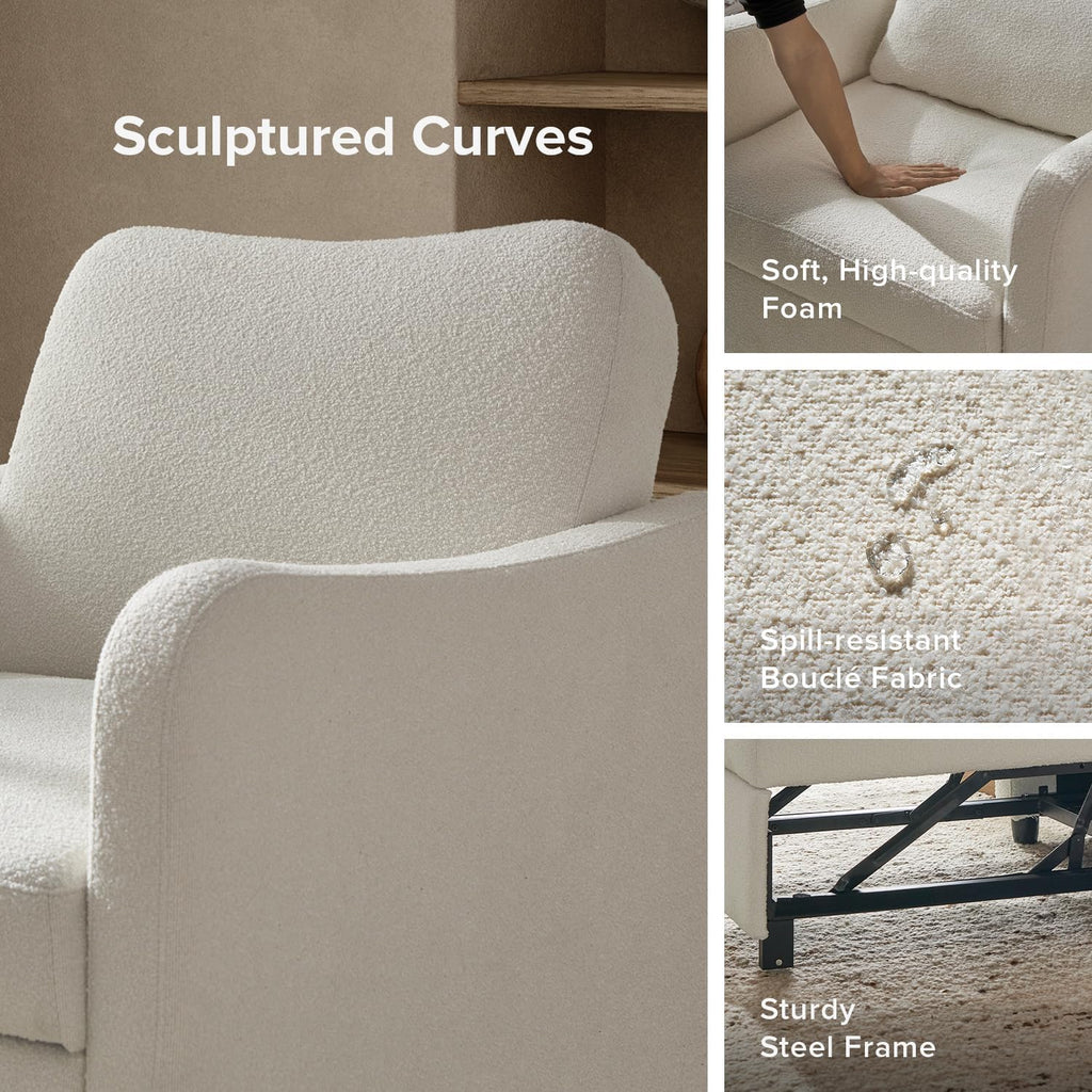 mopio Sophie 4-in-1 Convertible Sleeper Chair Bed, Accent Chair, Chaise Lounge, Comfy Reading Armchair, Pull Out Sofa Bed with Adjustable Backrest for Living Room, Bedroom (Pearl White Boucle)