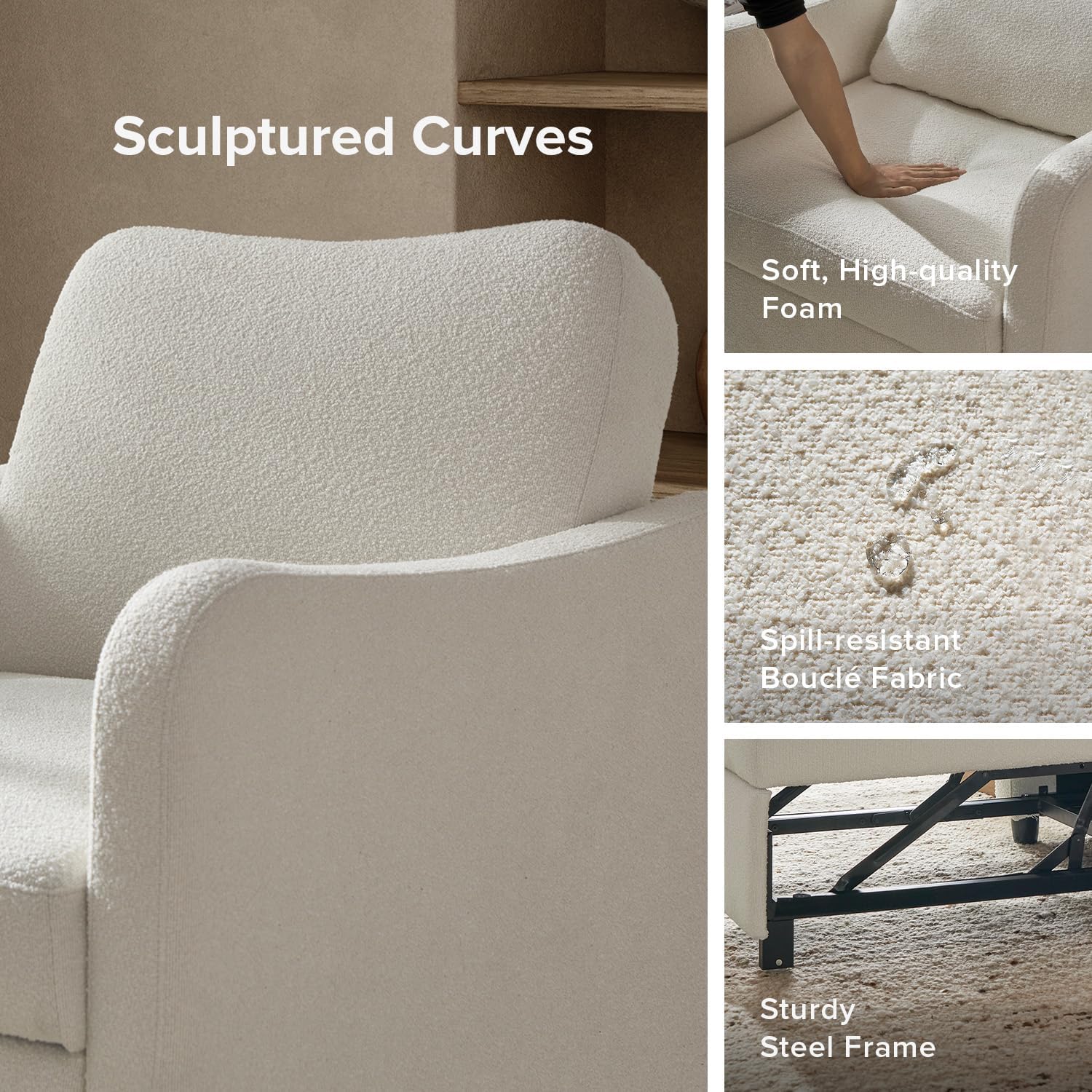 mopio Sophie 4-in-1 Convertible Sleeper Chair Bed, Accent Chair, Chaise Lounge, Comfy Reading Armchair, Pull Out Sofa Bed with Adjustable Backrest for Living Room, Bedroom (Pearl White Boucle)