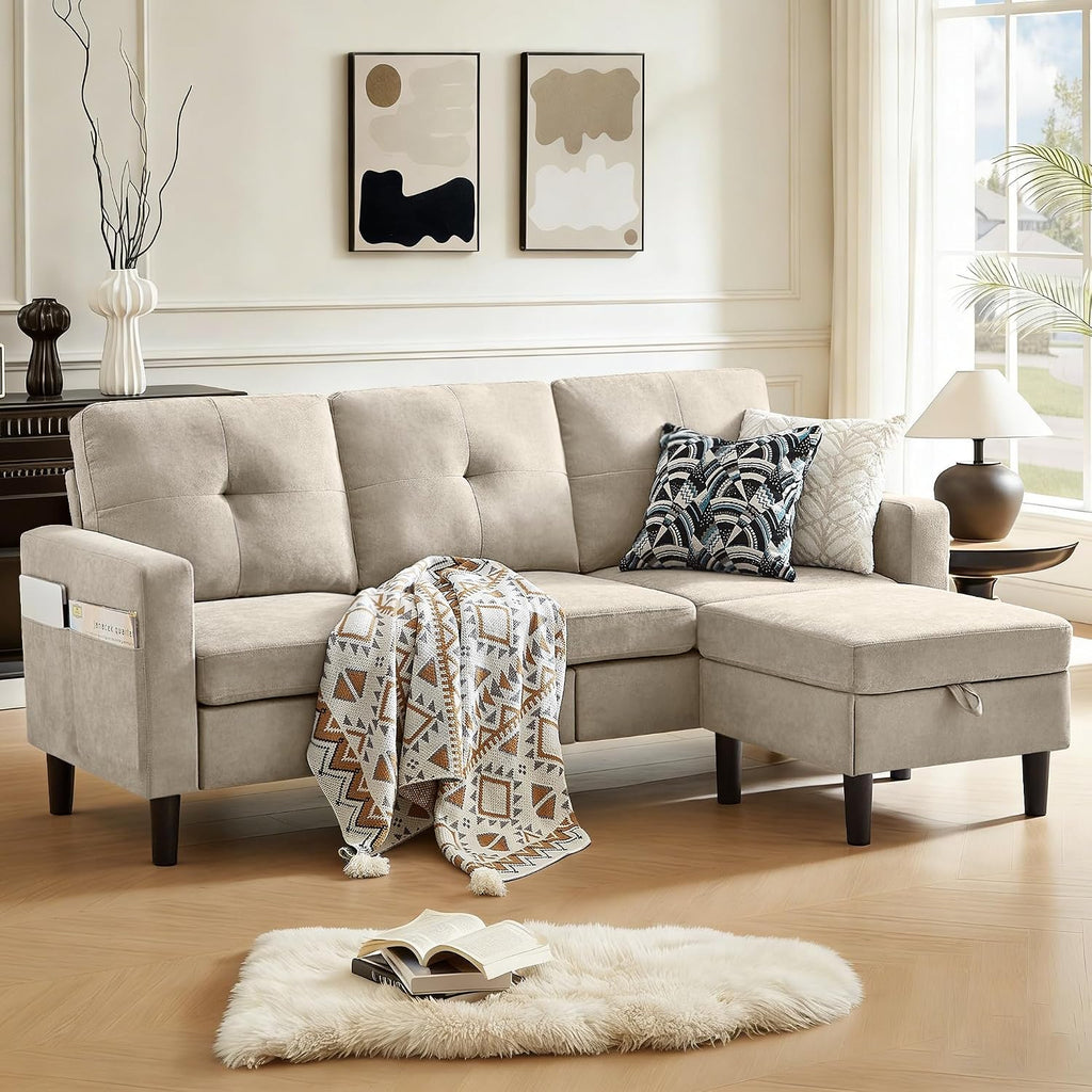 80' Convertible Sectional Sofa Couch with Movable Ottoman, 3 Seats Sectional Sofas L Shaped Couch for Small Spaces, Soft Fabric Couch for Living Room (Beige)