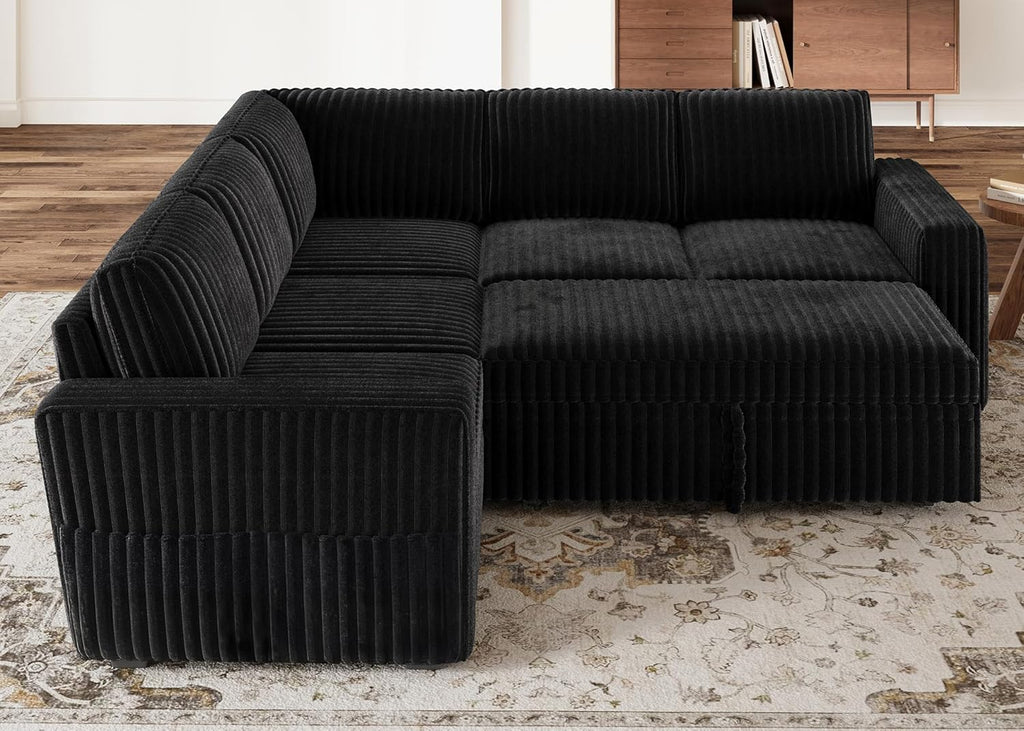 HONBAY Modular Sectional Sleeper Sofa with Pull Out Bed,Corduroy L Shaped Couch with Storage, Sectional Couches for Living Room,Black
