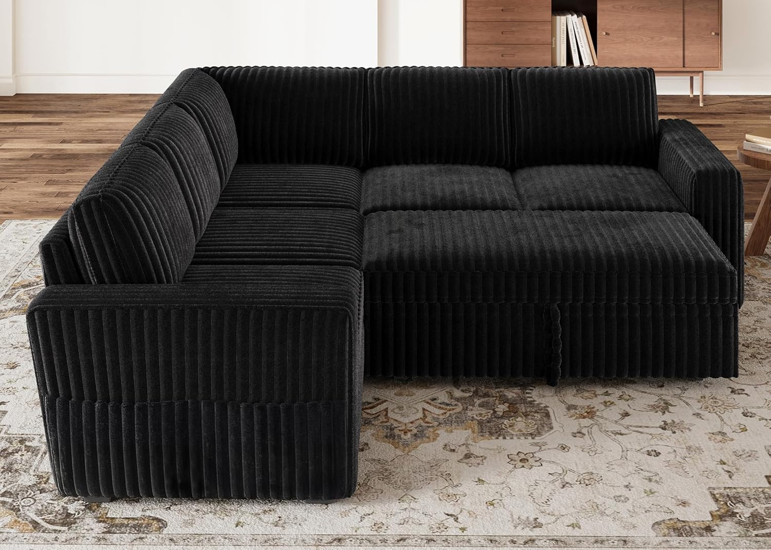 HONBAY Modular Sectional Sleeper Sofa with Pull Out Bed,Corduroy L Shaped Couch with Storage, Sectional Couches for Living Room,Black