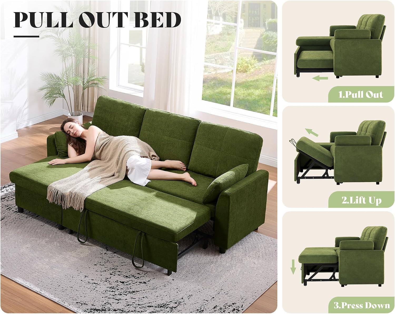 AMEILIFE Sofa Bed, Sleeper Sofa with Storage Chaise, Convertible Sofa Bed with Pull Out Couch, l Shaped Couch for Living Room-Green Linen