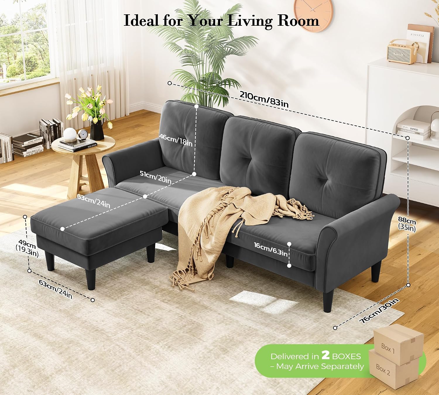 Kidirect 83' Sectional Couch, Velvet L-Shaped Couch 3 Seater Sectional Couches for Living Room, Comfy Fluffy Deep Seat Loveseat, Modular Sectional Sofa with Ottoman for Apartment Office, Grey Couch