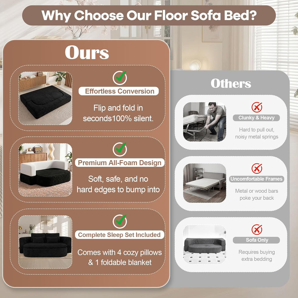 75'' Folding Sleeper Sofa Bed, Convertible Memory Foam Boneless Couch, Foldable Full Size Guest Bed, Modern 2-in-1 Futon Floor Sleeper Sofa with 4 Pillows and Blanket (Corduroy, Black)