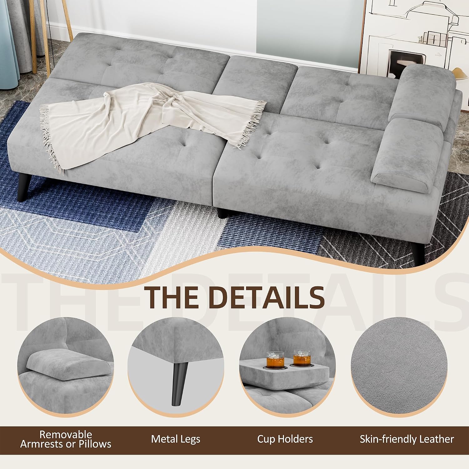 Shintenchi Futon Sofa Bed, Velvet Foldable Couch Reclining Sleeper w/Removable Armrests, Upholstered Loveseat w/Folding Cup Holders for Home, Office, Light Gray