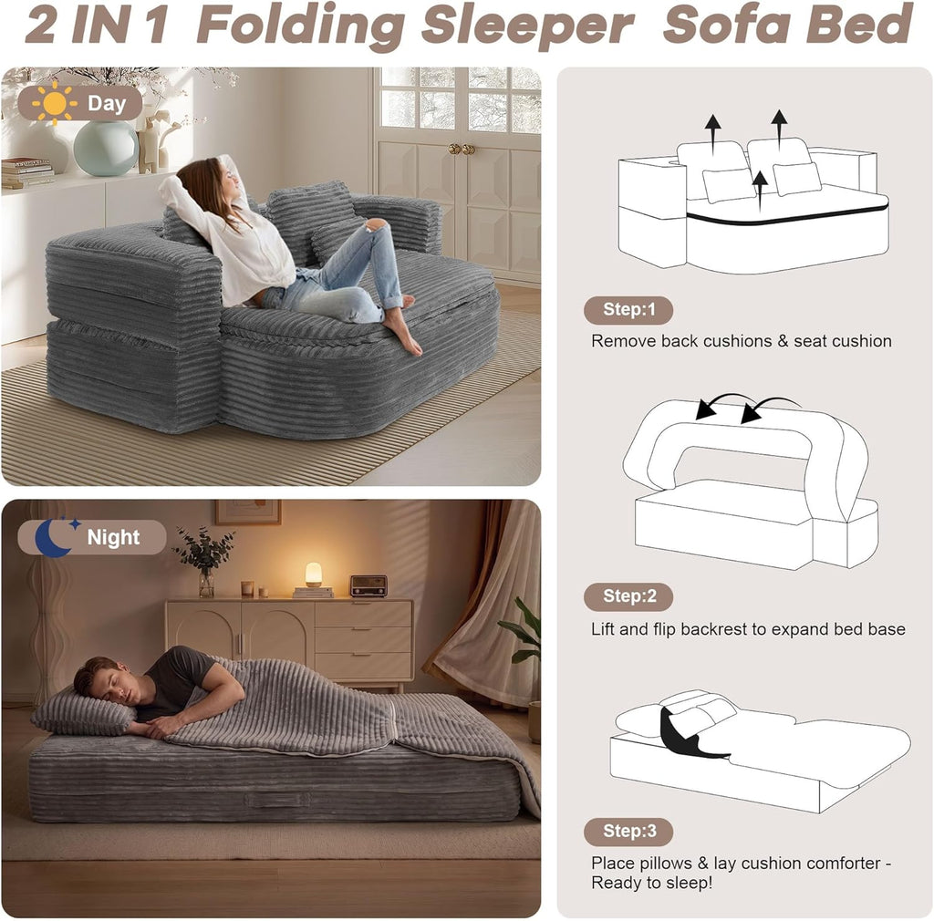 75'' Folding Sleeper Sofa Bed, Memory Foam Fold Out Couch, Boneless Foldable Full Size Guest Bed Mattress, Modern 2-in-1 Floor Deep Seat Sleeper Sofa with 4 Pillows and Blanket (Corduroy, Gray)