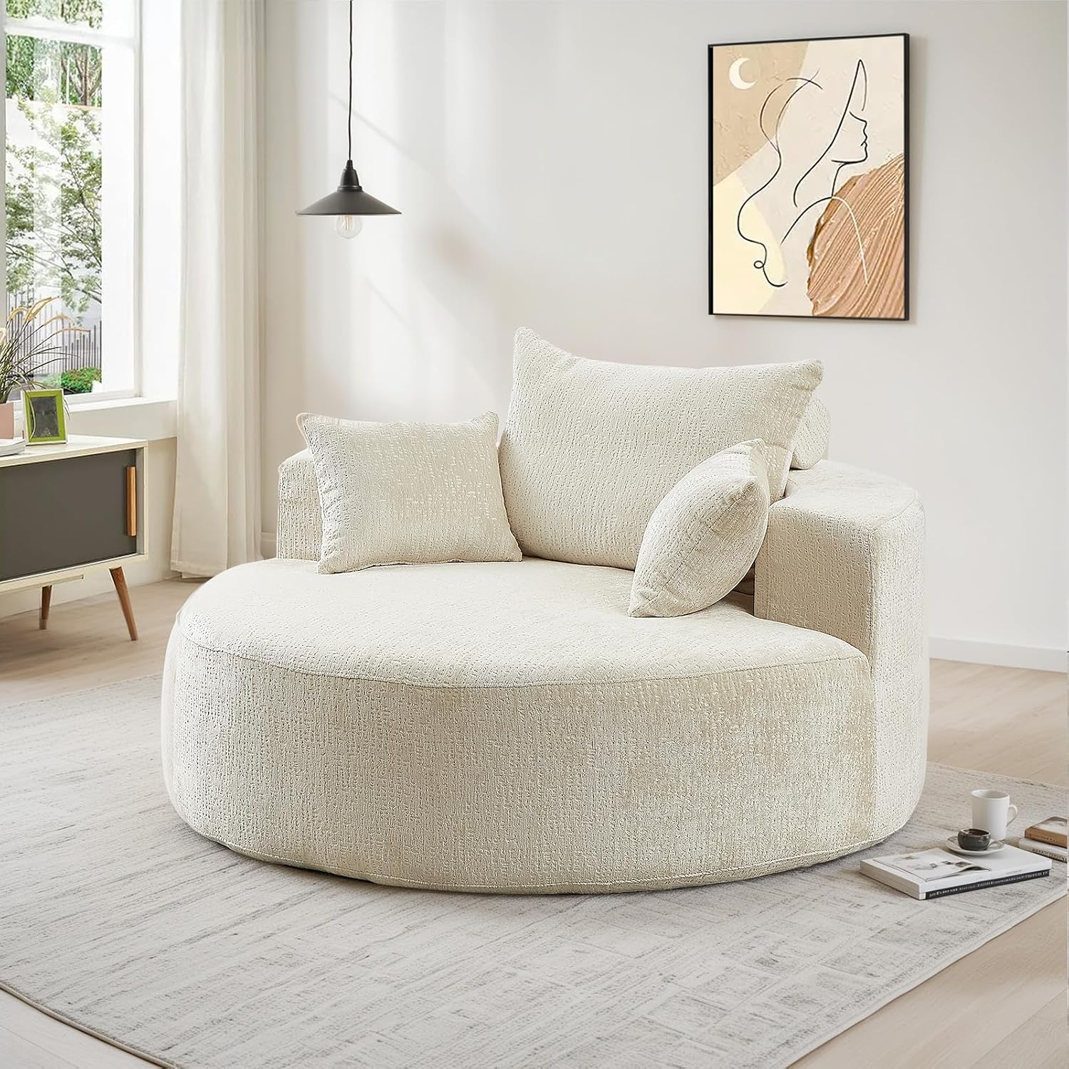 Oversized Round Chaise Longue Chair Indoor, Modern 55-inch Upholstered Chenille Deep Seat Circle Single Cloud Lounge Floor Sofa Chair for Living Room, Bedroom Apartment, Beige