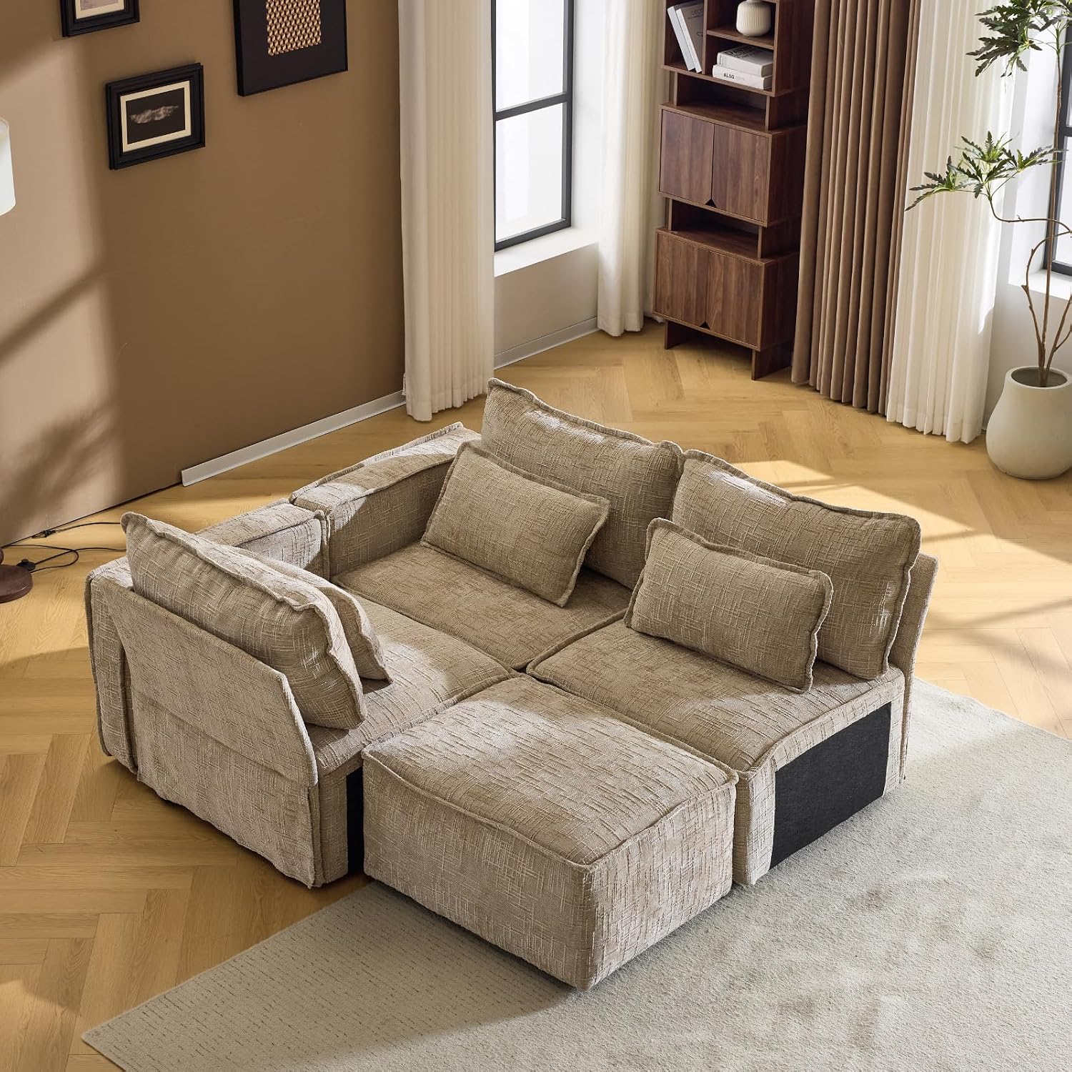 VINGLI 111' Convertible Modular Sectional Sofa,Comfortable L Shaped Reversible Couch with Ottoman, Removable 3 Seater Boneless Modern Couch, Durable Chenille Cloud Sofa for Living Room,Khaki