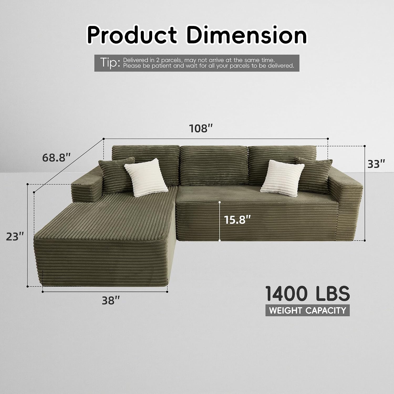 Opiesit 108' Boneless Couches for Living Room, Modular Sectional Sofa with Oversized Chaise, L-Shape Cloud Couch with Deep Seat, High-Density Memory Foam, No Assembly Required, Plush Corduroy Green