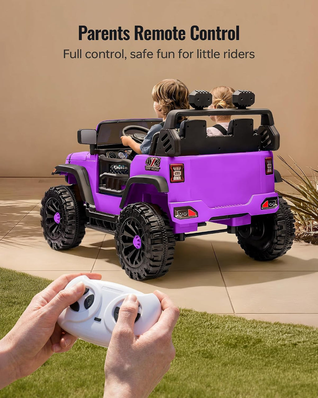 Outfunny 2 Seater Ride on Car Toy, 12V Electric Car for Kids 4-8 with Remote Control, Capacity 150 lb, LED Light - Purple