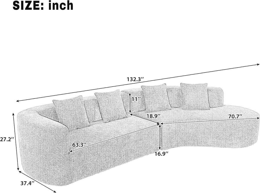 Merax Modern Minimalist Large 2-Piece Sectional Curved Chenille Sofa with 3 Pillows and High-Density Foam for Luxurious Comfort and Seamless, for Living Room, Bedroom, White
