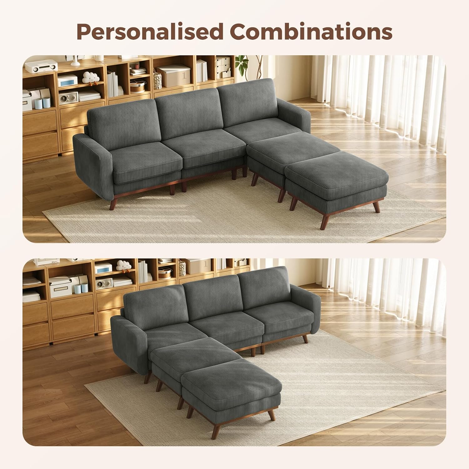 Vesgantti 97' Modular Sectional Sofa Dark Gray, U-Shaped Couch with Movable Ottoman, Comfy Corduroy Couch with Spring Cushion, Modular Sofa with Deep Seat for Living Room, Bedroom and Apartment