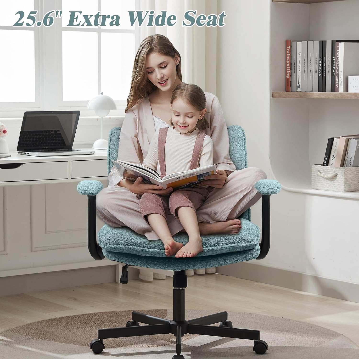 Kassipo Criss Cross Legged Office Chair with Wheels and Flip-Up Arms, Upholstered Criss Cross Desk Chair, Wide Seat Chairs for Home Office, Vanity, Apartment, Light Green