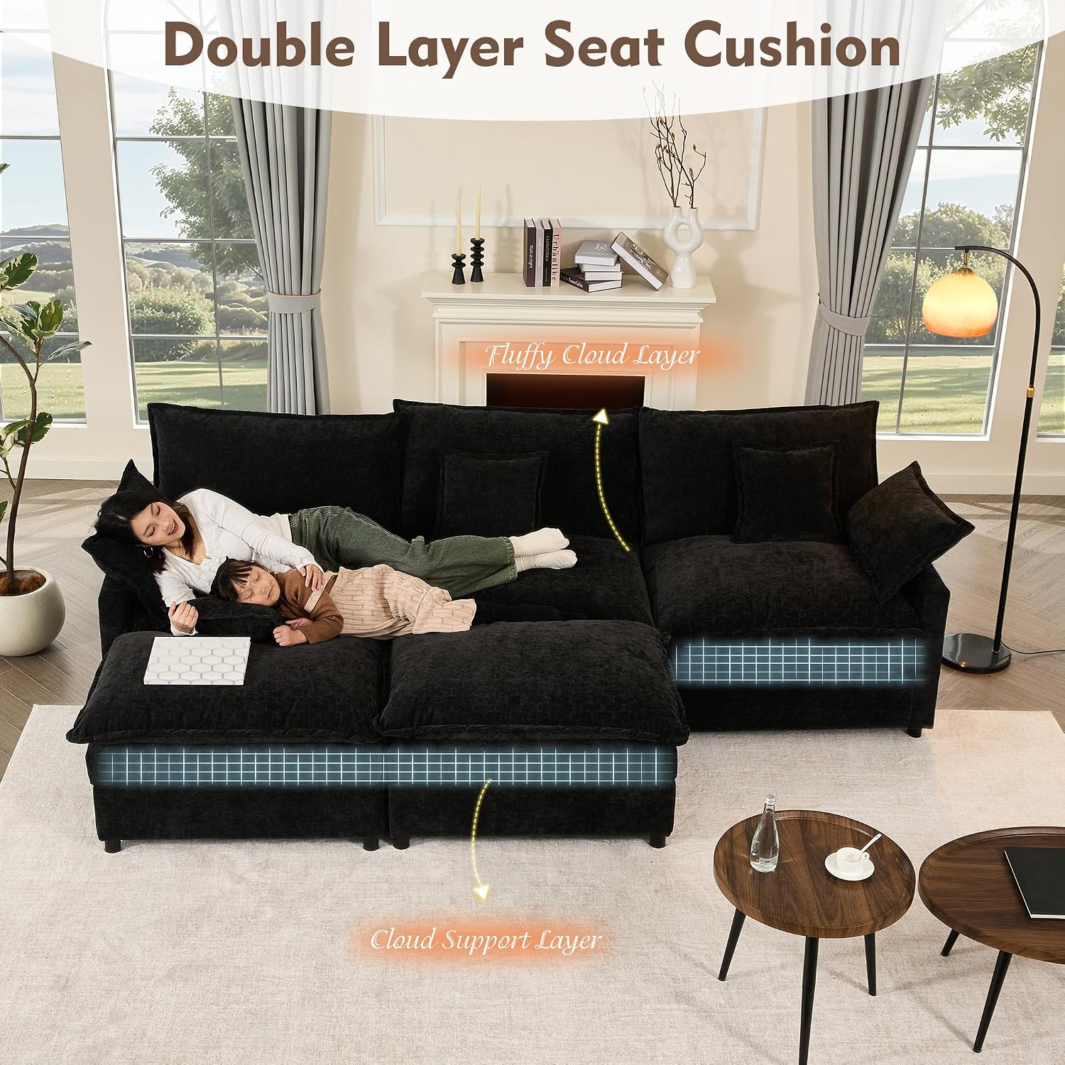 GOSUHI 108' U Shaped Couch, Modular Sectional Sofa, 3-Seater Comfy Cloud Couch, Set of Modular Pieces with Movable Ottoman, Deep Seat Couches for Living Room, Chenille, Black