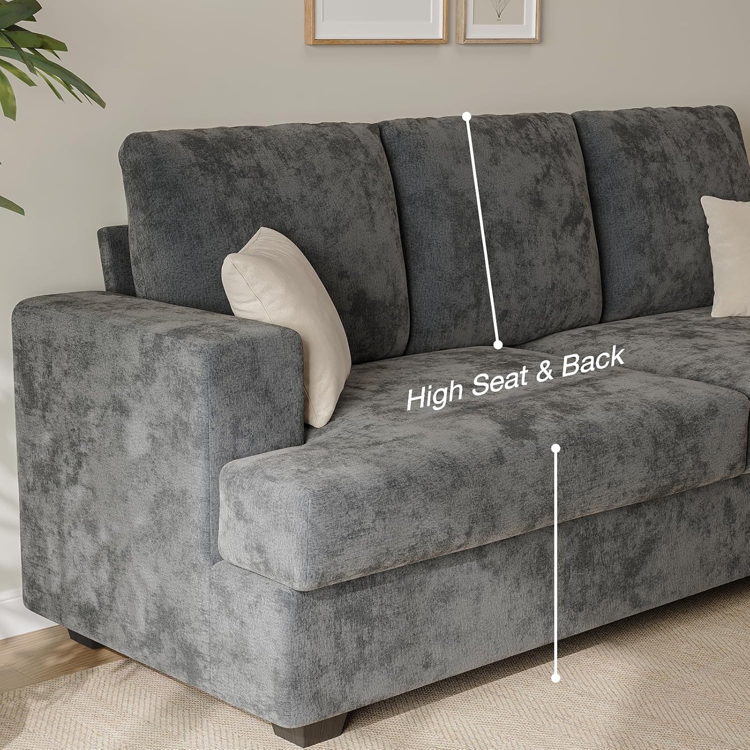89' Grey Couches for Living Room, 3 Seater Couch with Deep Seat, Oversized Loveseat Sofa for Apartment and Small Spaces