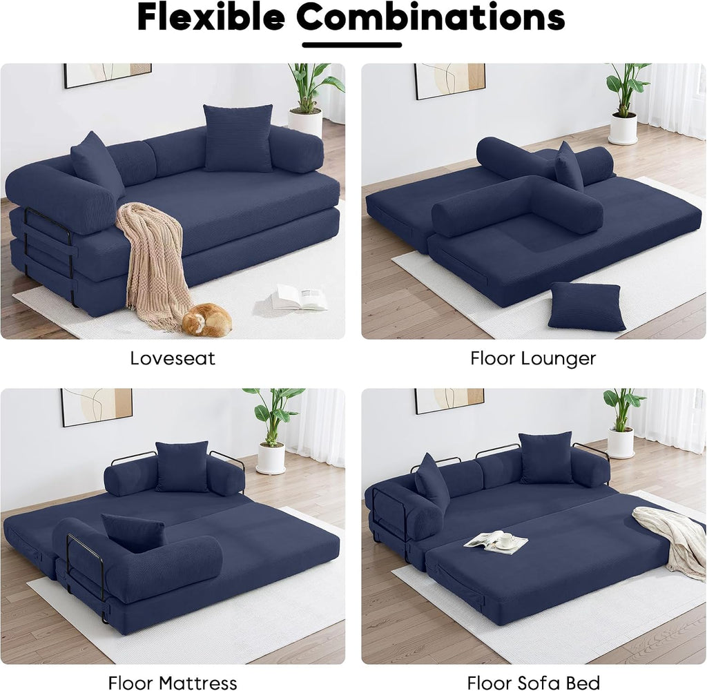 ZEIINPA Convertible Sleeper Sofa Bed with Cylindrical Pillow, Corduroy Folding Boneless Couch with Fixed-Shape Frame, Floor Sofa Lounge Couch for Living Room Bedroom Lounge Studio-Blue