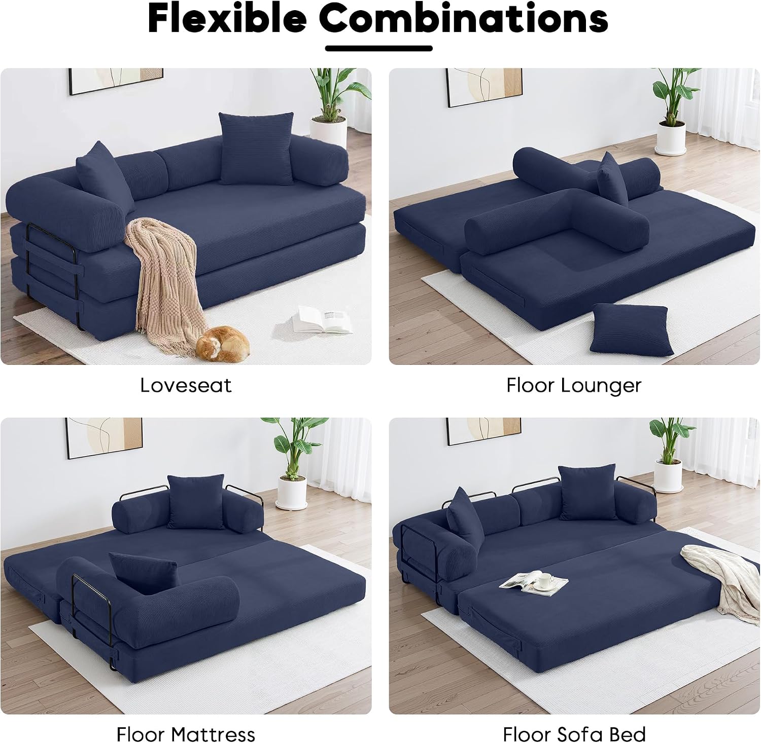 ZEIINPA Convertible Sleeper Sofa Bed with Cylindrical Pillow, Corduroy Folding Boneless Couch with Fixed-Shape Frame, Floor Sofa Lounge Couch for Living Room Bedroom Lounge Studio-Blue
