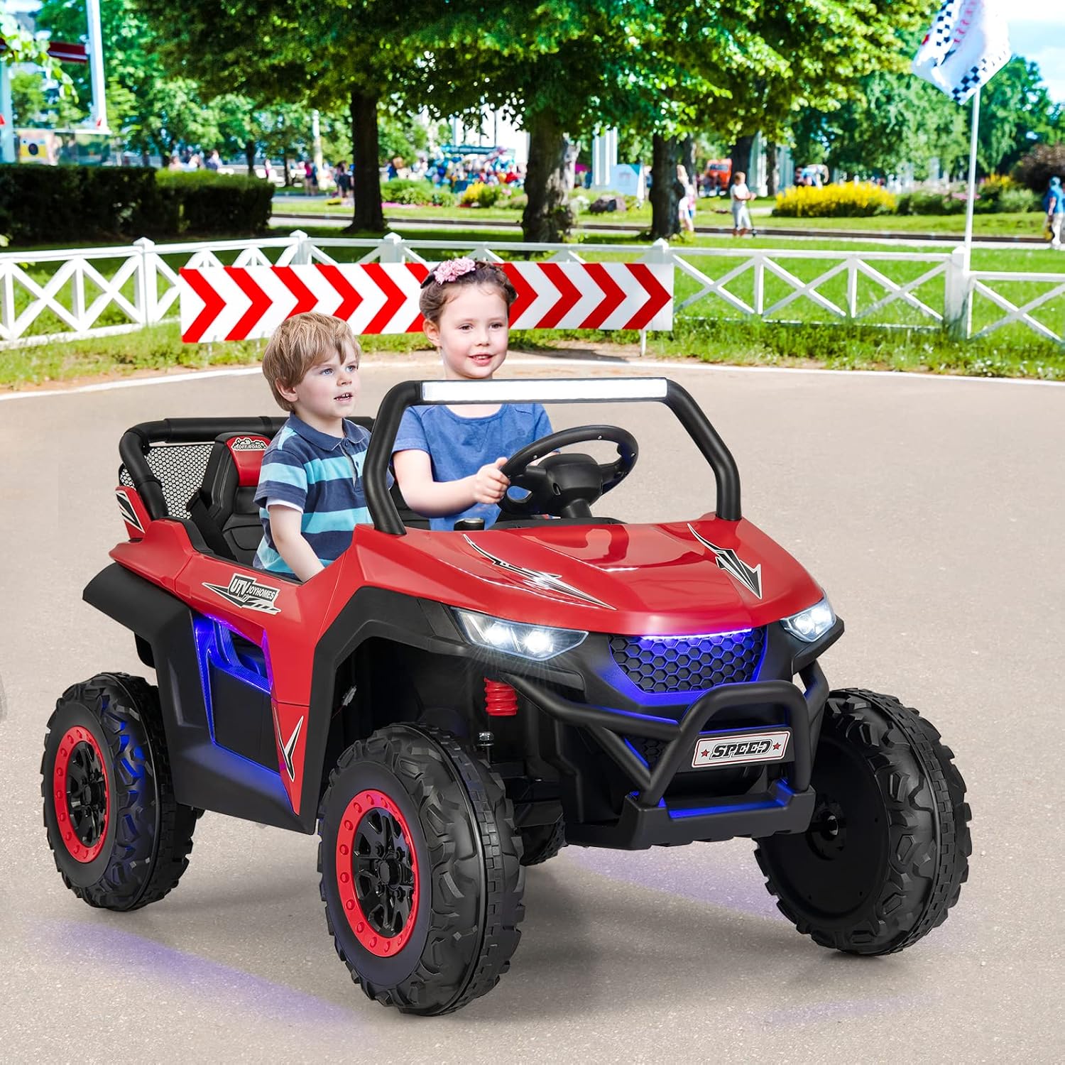 Costzon 2-Seater Ride on Car for Kids, 12V Kids' Electric Vehicles w/Remote Control, 4 Shock Absorbers, Wireless Music & FM, 3 Speeds, Ambiance Lights, Electric Car UTV for Boys Girls (Red)