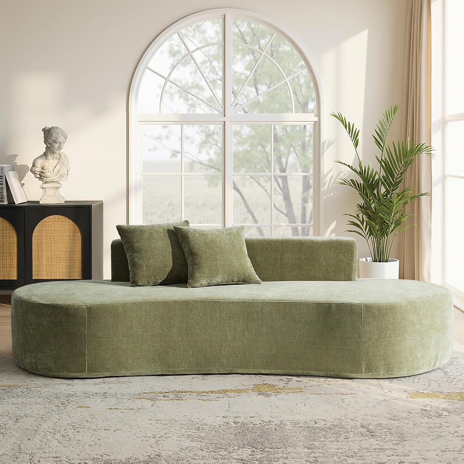 HULALA HOME 94.5' Curved Boneless Couch with Two Pillows, Oversized 3 Seater Compressed Foam Sofa with Deep Seat, Modern Cloud Couch for Living Room, No Assembly Required, Olive