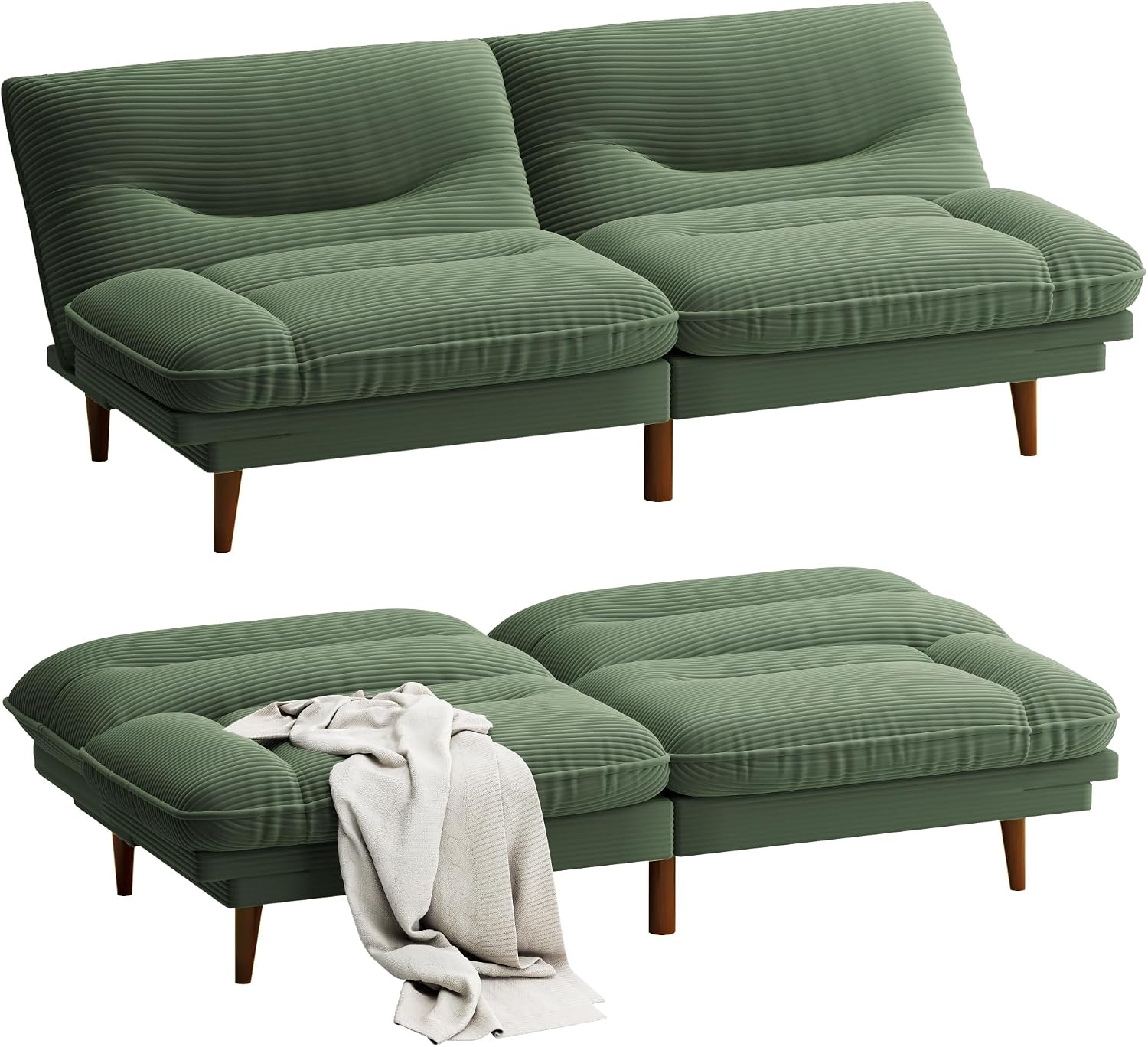 Homall Futon Sofa Bed, Modern Loveseat Futon Couch with Adjustable Backrest and Armrests, Sleeper Sofa Bed with Wood Frame for Living Room, Office, Apartment (Corduroy, Green)