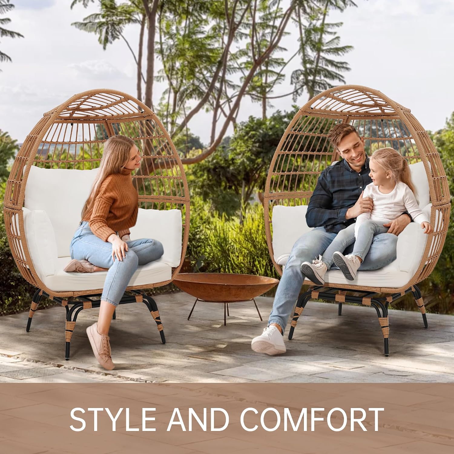 Murago Oversized 360° Swivel Rattan Egg Chair for Adult, Indoor Outdoor Patio Large Wicker Egg Chair with Overstuffed Cushions, 440lb Weight Capacity, Natural Rattan with Beige Cushion