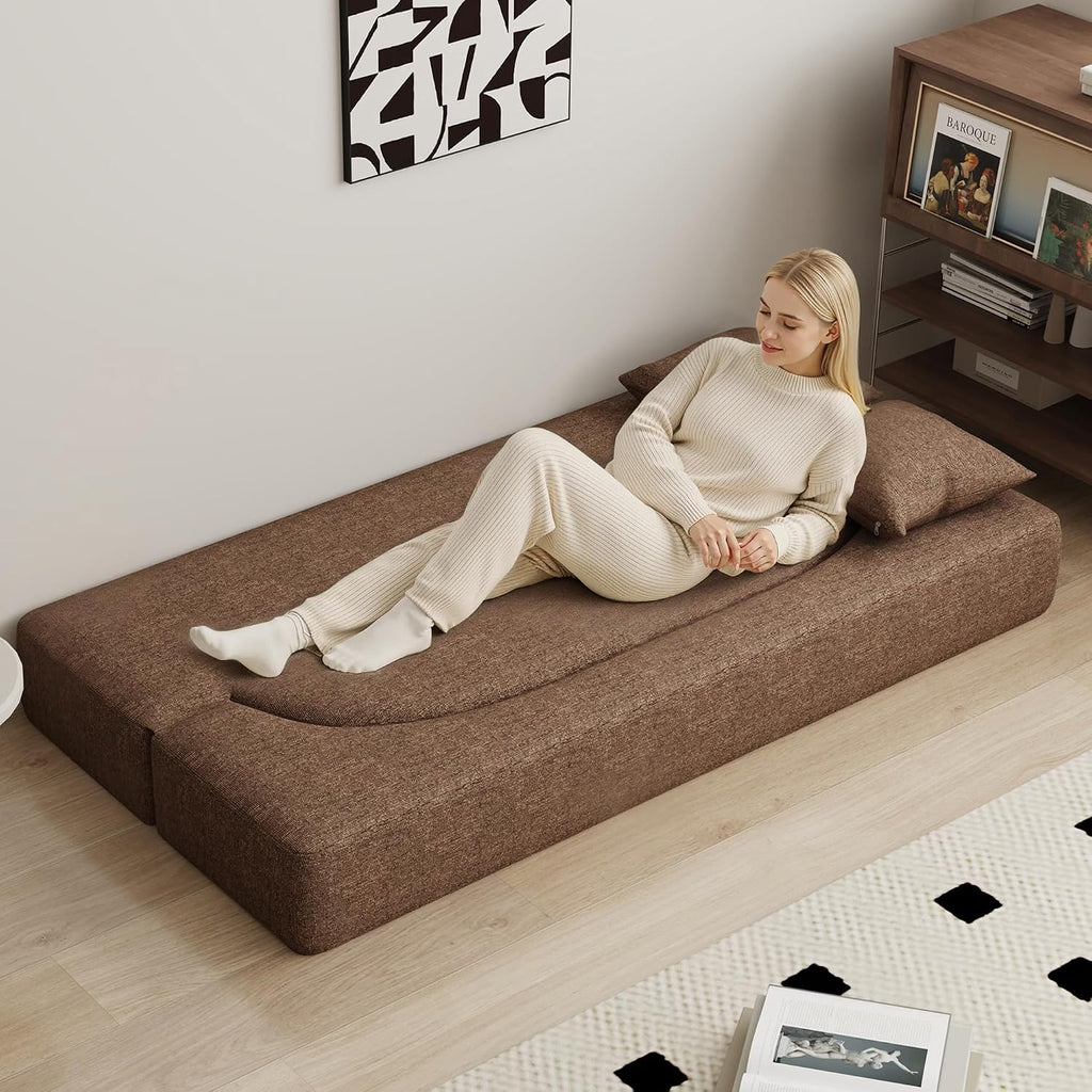HENGJIANYI Folding Sofa Bed, Convertible Futon Sleeper Bed, 2-in-1 Foldable Floor Mattress with 2 Pillows, Breathable High-Density Foam Lazy Couch, Twin Size Comfy Lounge Chair, Brown