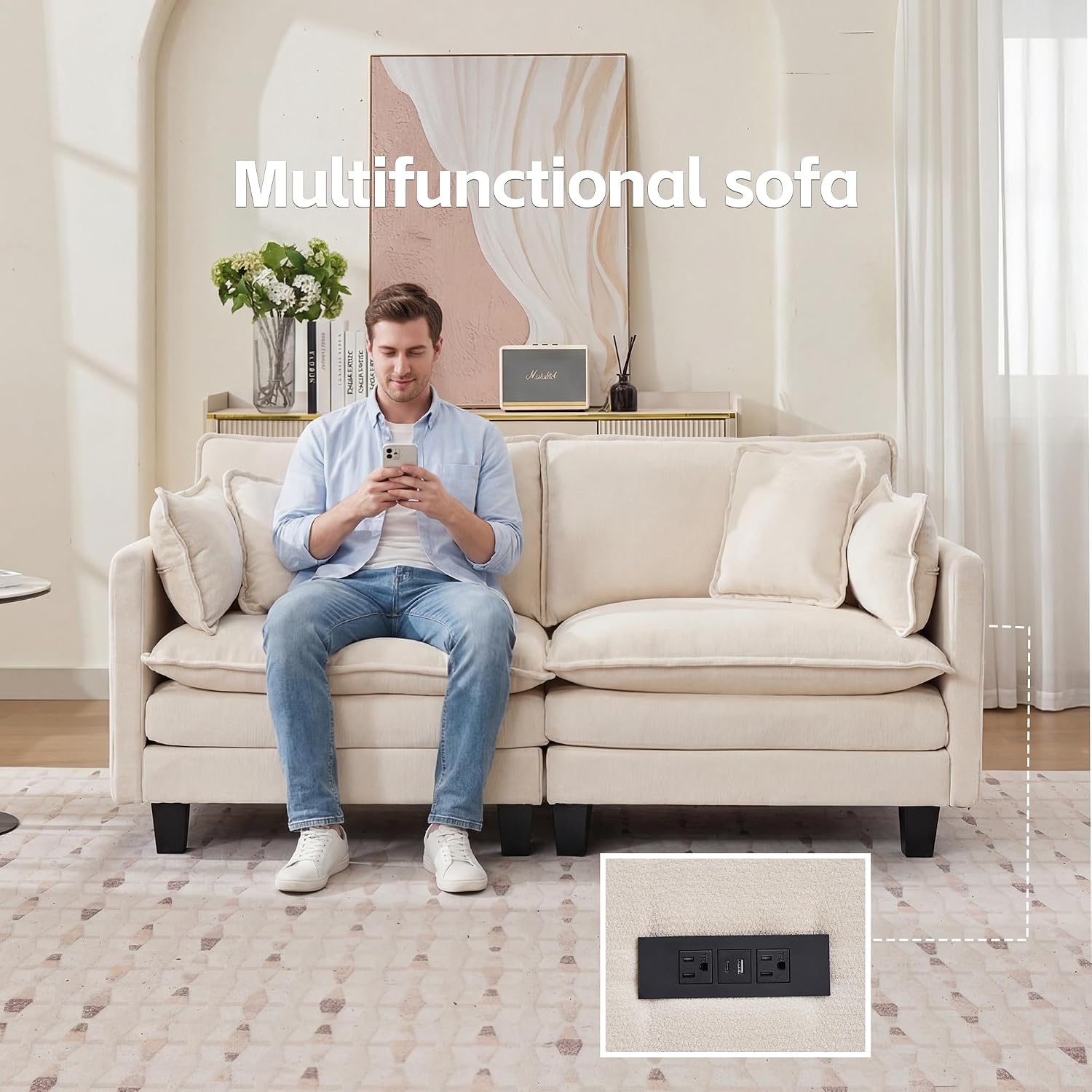 Modular Sectional Sofa, 75' Loveseat Modern Couches for Living Room, Comfy Cloud Couch with Deep Seat for Office and Apartment, with Charger, USB & Type-c Port, Beige Chenille Fabric