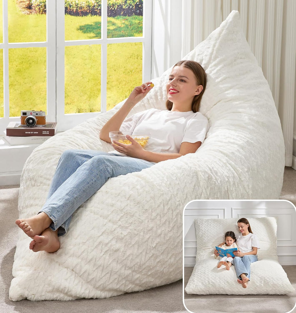 Hobestluk 3 in 1 Bean Bag Chair Giant Bean Bag Chairs for Adults with Chevron Plush Fur Cover Convertible Bean Bag Floor Cushion with Machine Washable Cover for Living Room (Chevron Plush White)