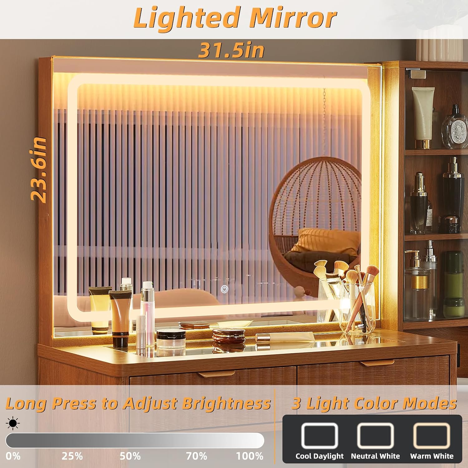 LEYAOYAO Vanity Desk with Mirror and Lights, 43.5'' Fluted Makeup Vanity with 6 Drawers and Adjustable Shelves, Glass Top Make Up Vanity, Girls Wood Dressing Table with Power Outlet for Bedroom