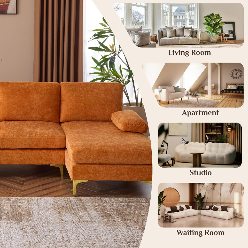 Karl home Convertible Sectional Sofa 110' U-Shape Sofa Couch 4-Seat Couch with Chaise ChenilleFabric Upholstered for Living Room, Apartment, Office, Orange