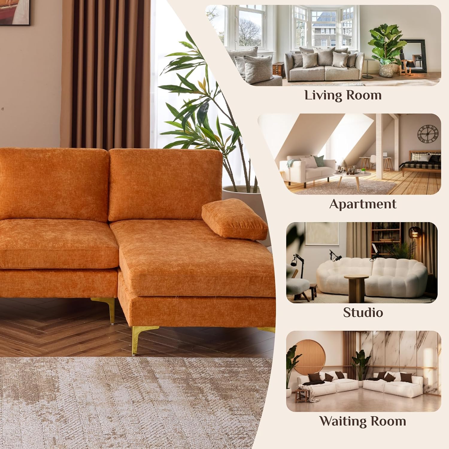 Karl home Convertible Sectional Sofa 110' U-Shape Sofa Couch 4-Seat Couch with Chaise ChenilleFabric Upholstered for Living Room, Apartment, Office, Orange