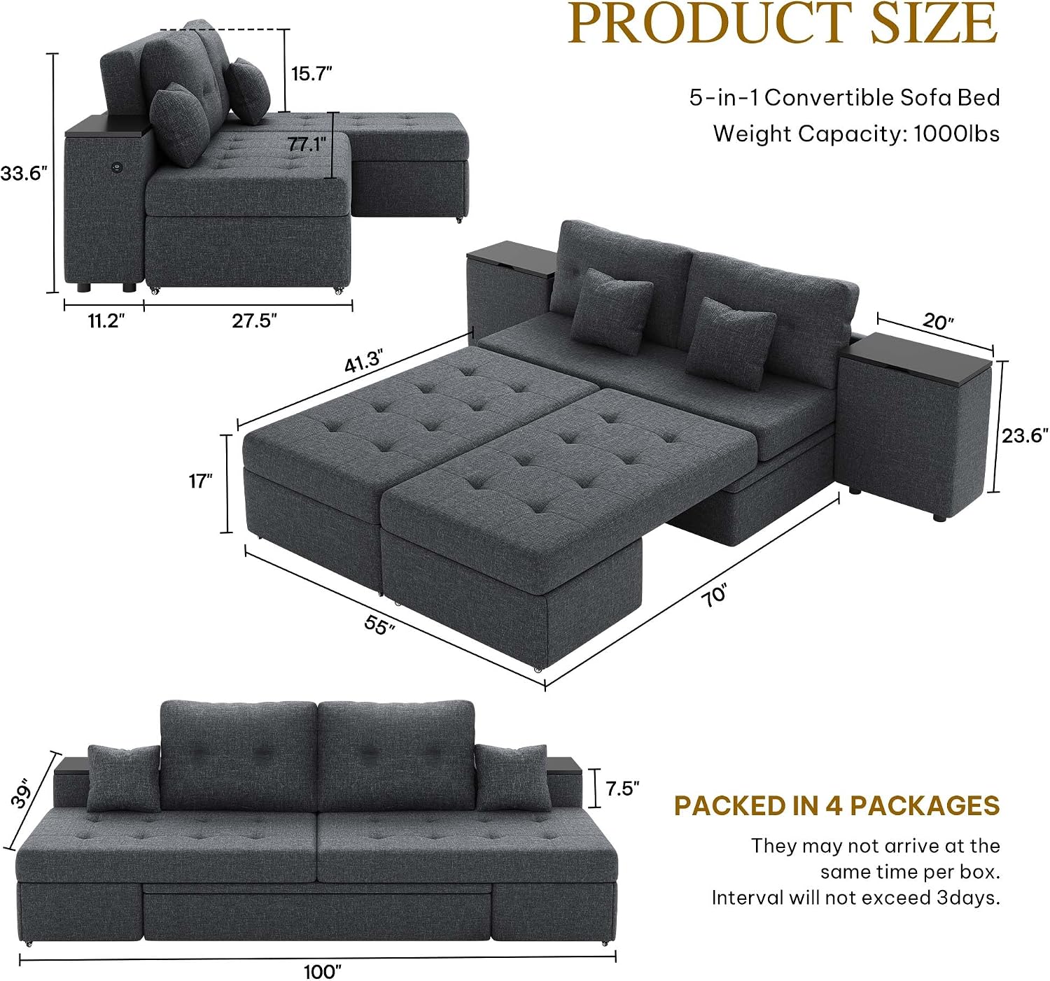 YITAHOME Queen Size Sleeper Sofa, 5-in-1 Convertible Sofa Bed Couch with 2 Storage Cabinets and USB Ports, 100' Sectioanl Sofa Couch with 2 Throw Pillow for Living Room, Grey Linen Fabric